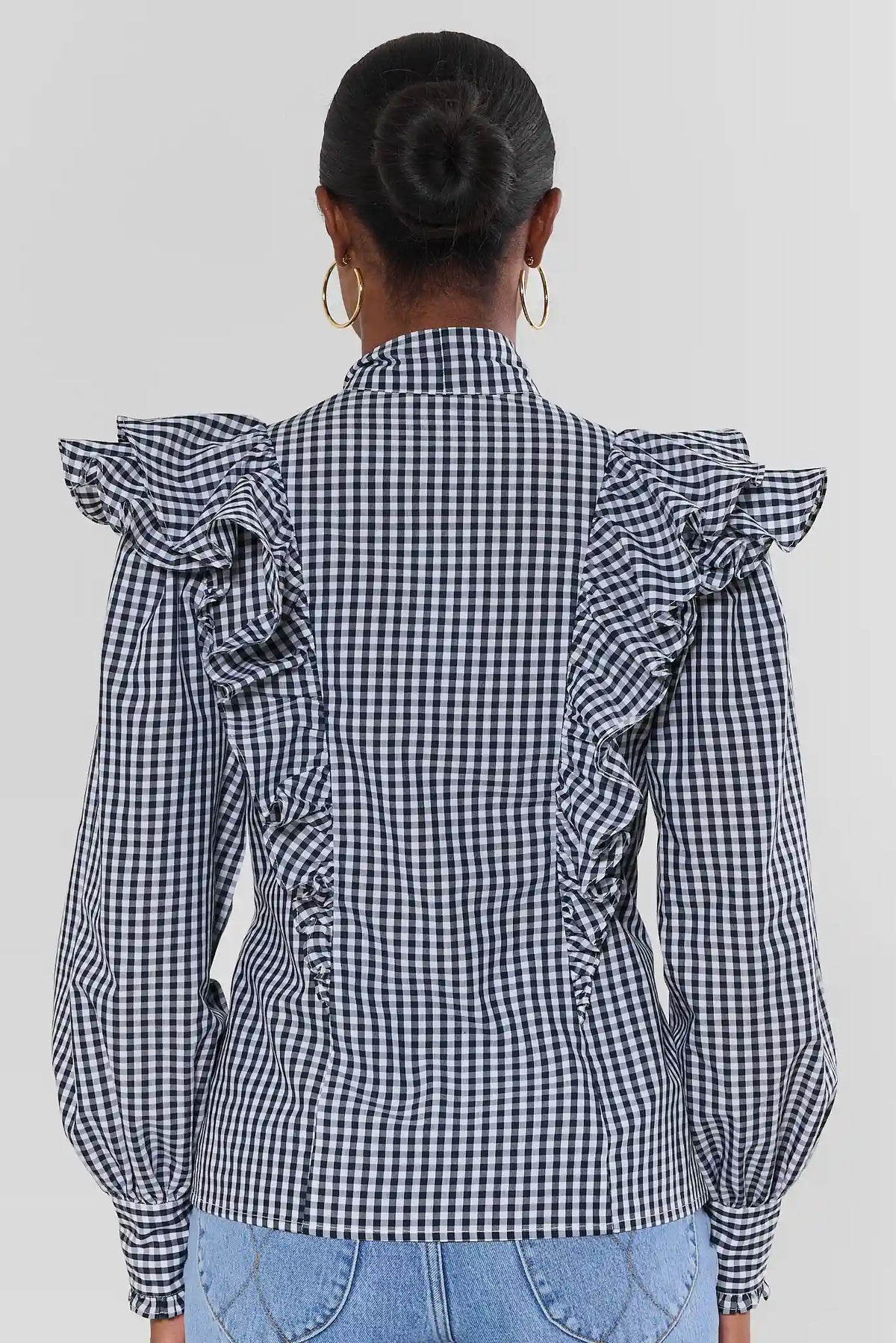 Ava Navy Gingham Ruffle Button Up Top