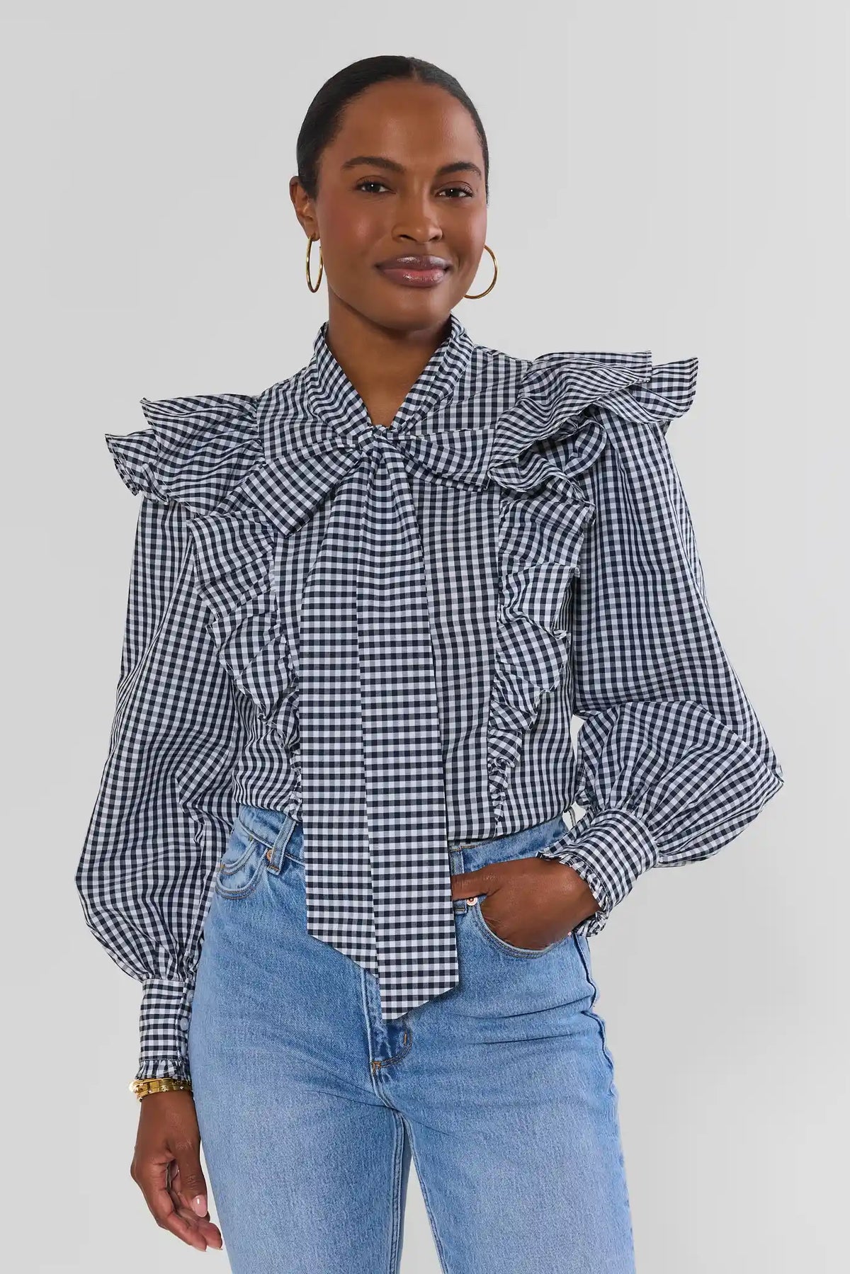 Ava Navy Gingham Ruffle Button Up Top