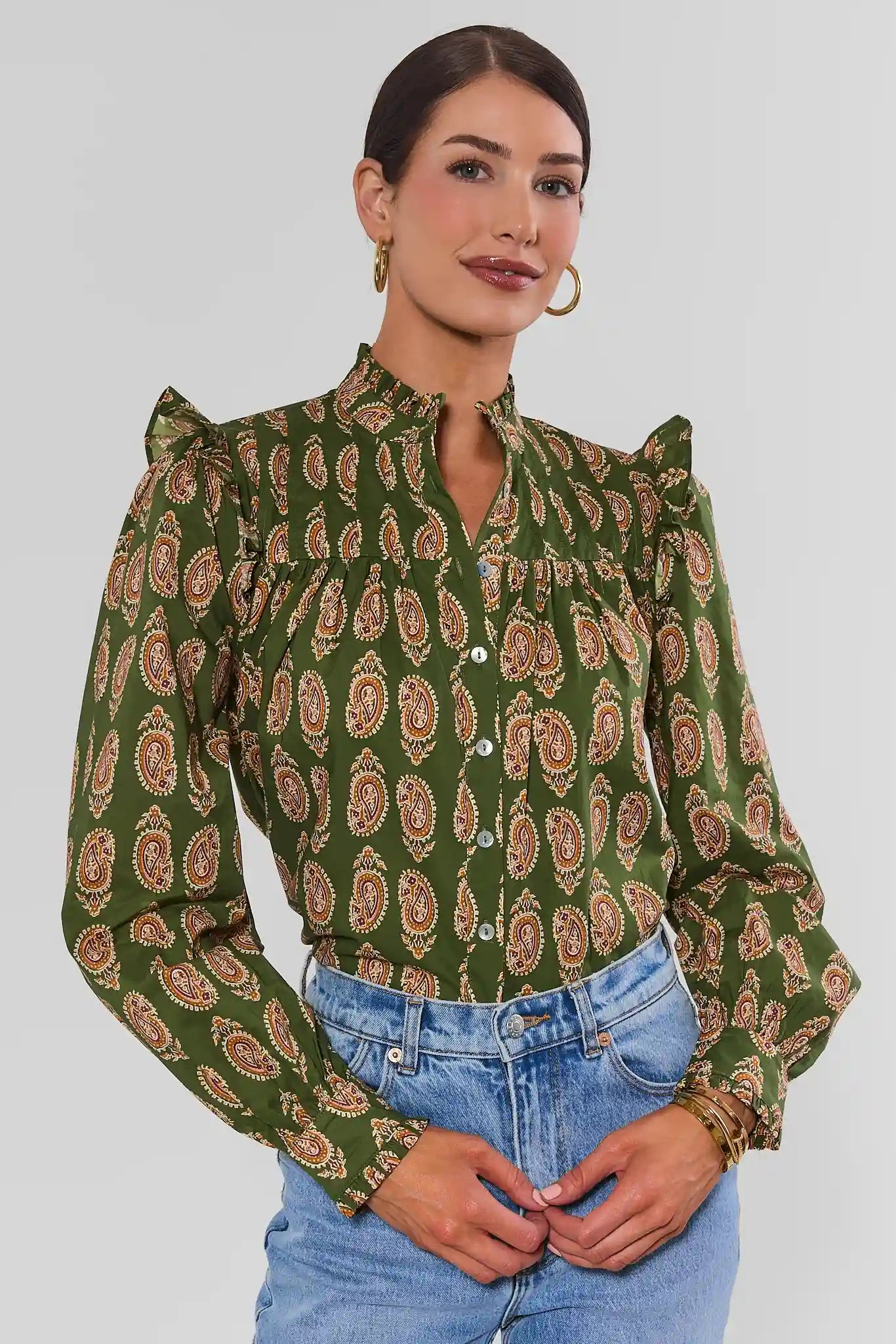Green Paisley Printed Pleated Top