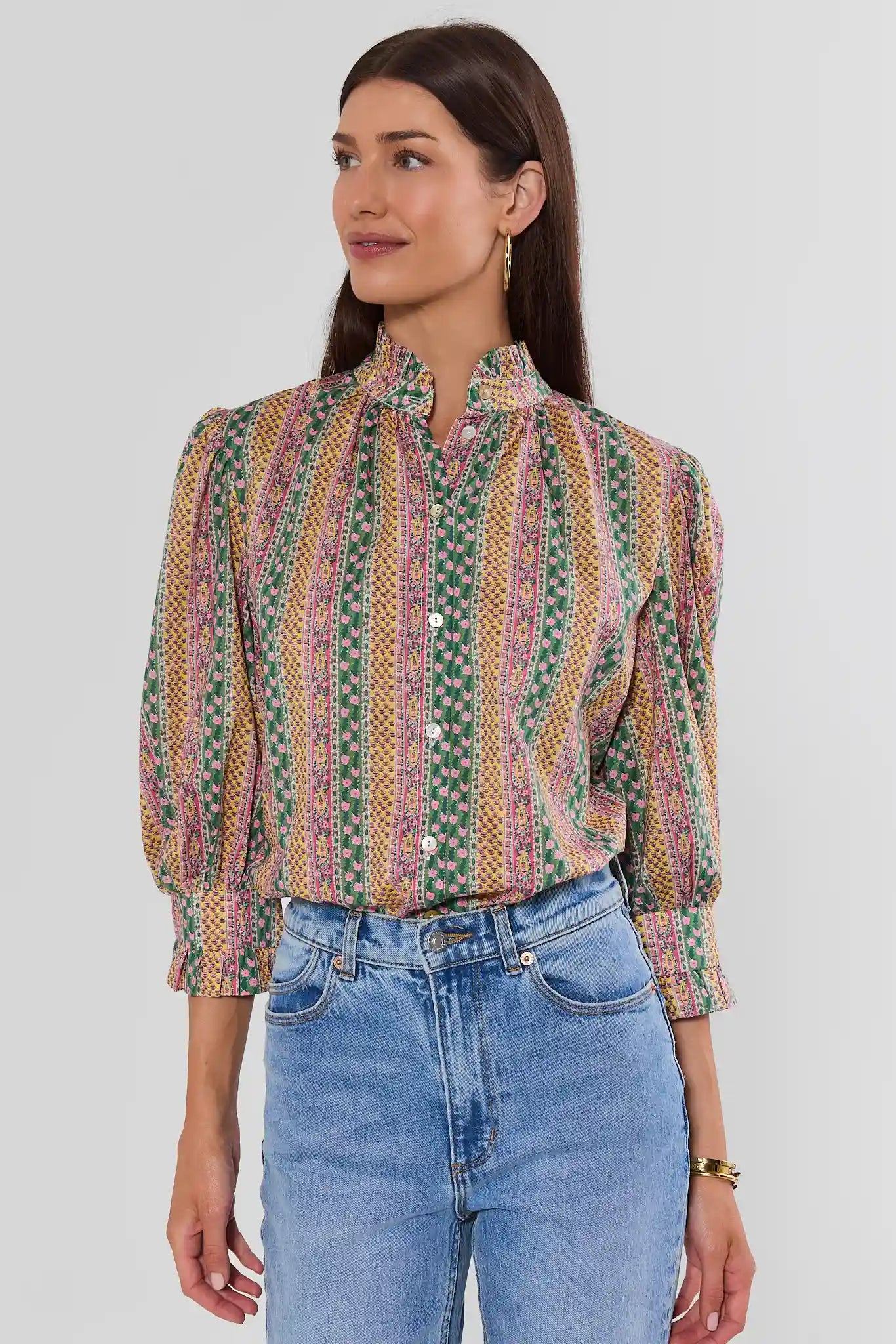Multi Floral Printed Ruffle Collar Top
