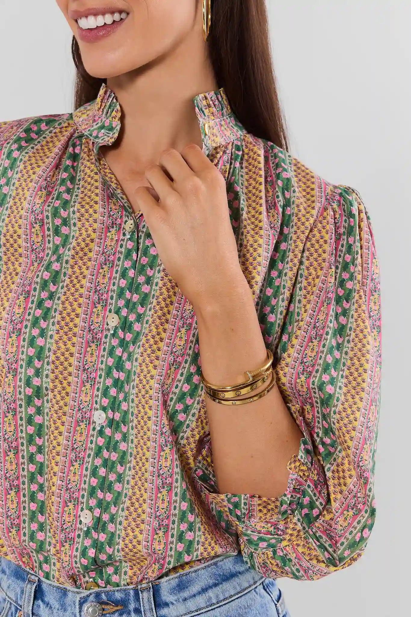 Multi Floral Printed Ruffle Collar Top