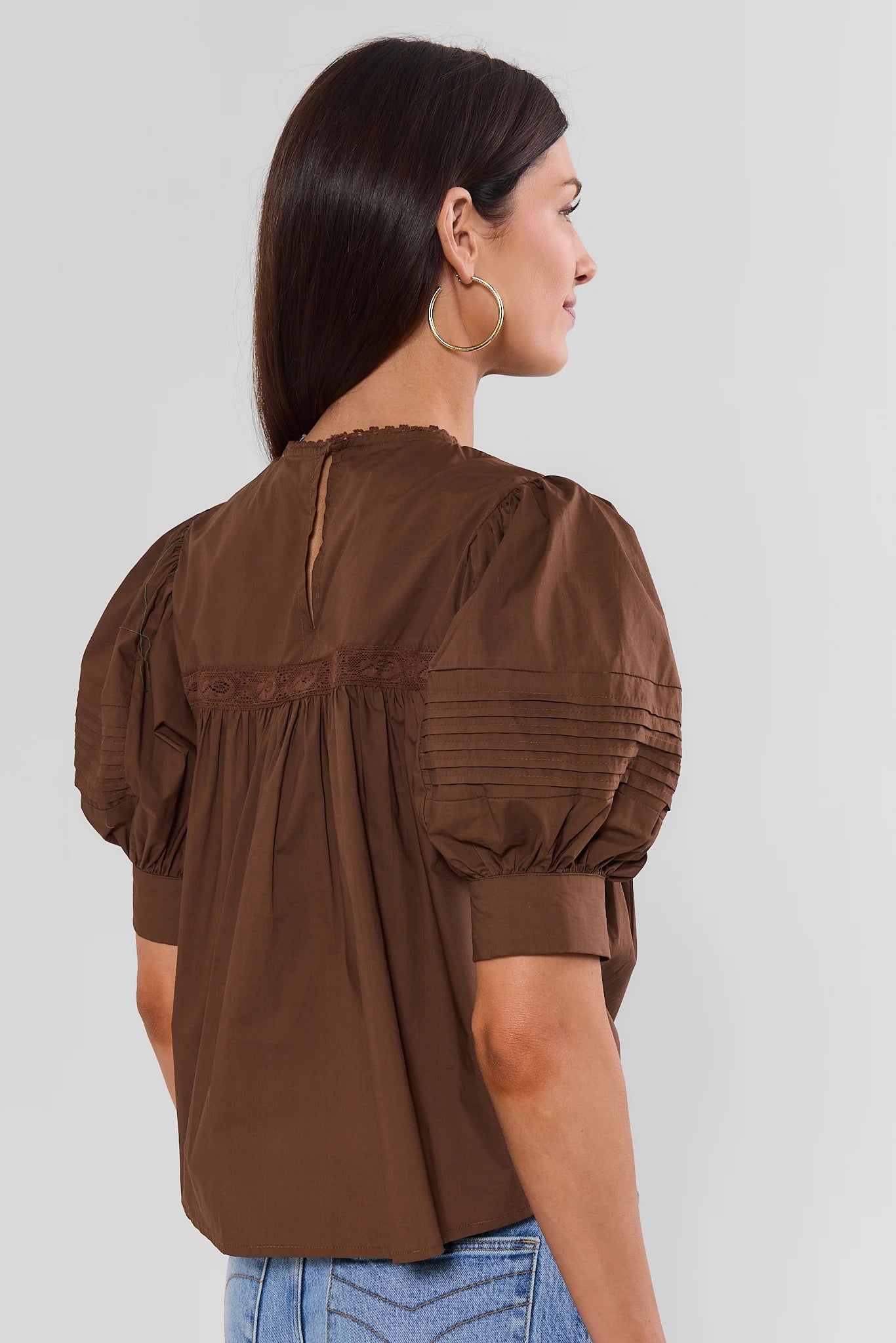 Brown Lace Detail Pleated Top