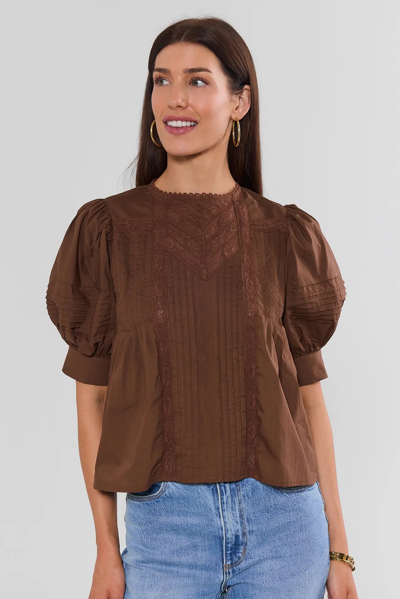 Brown Lace Detail Pleated Top