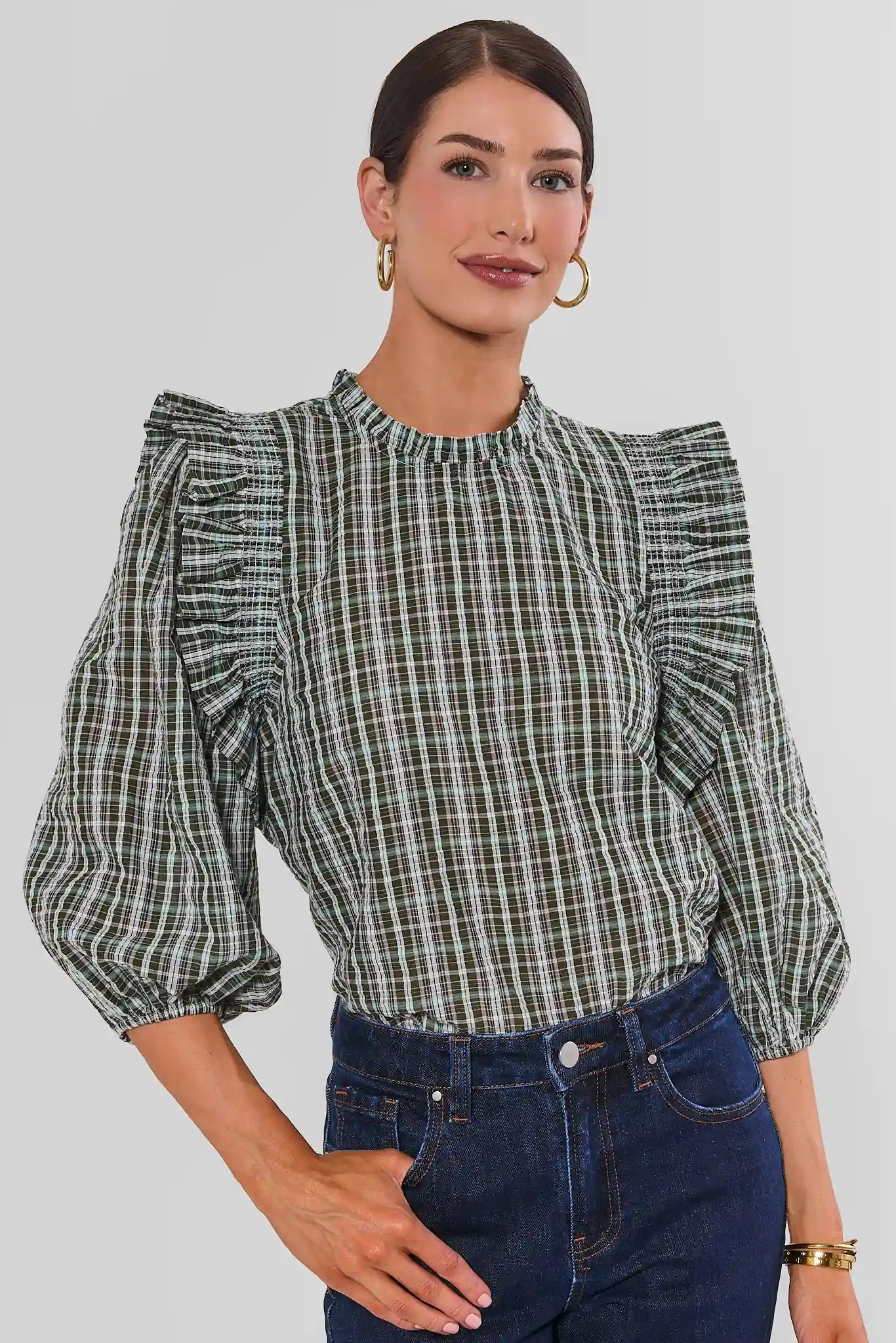 Green Plaid Ruffle Top