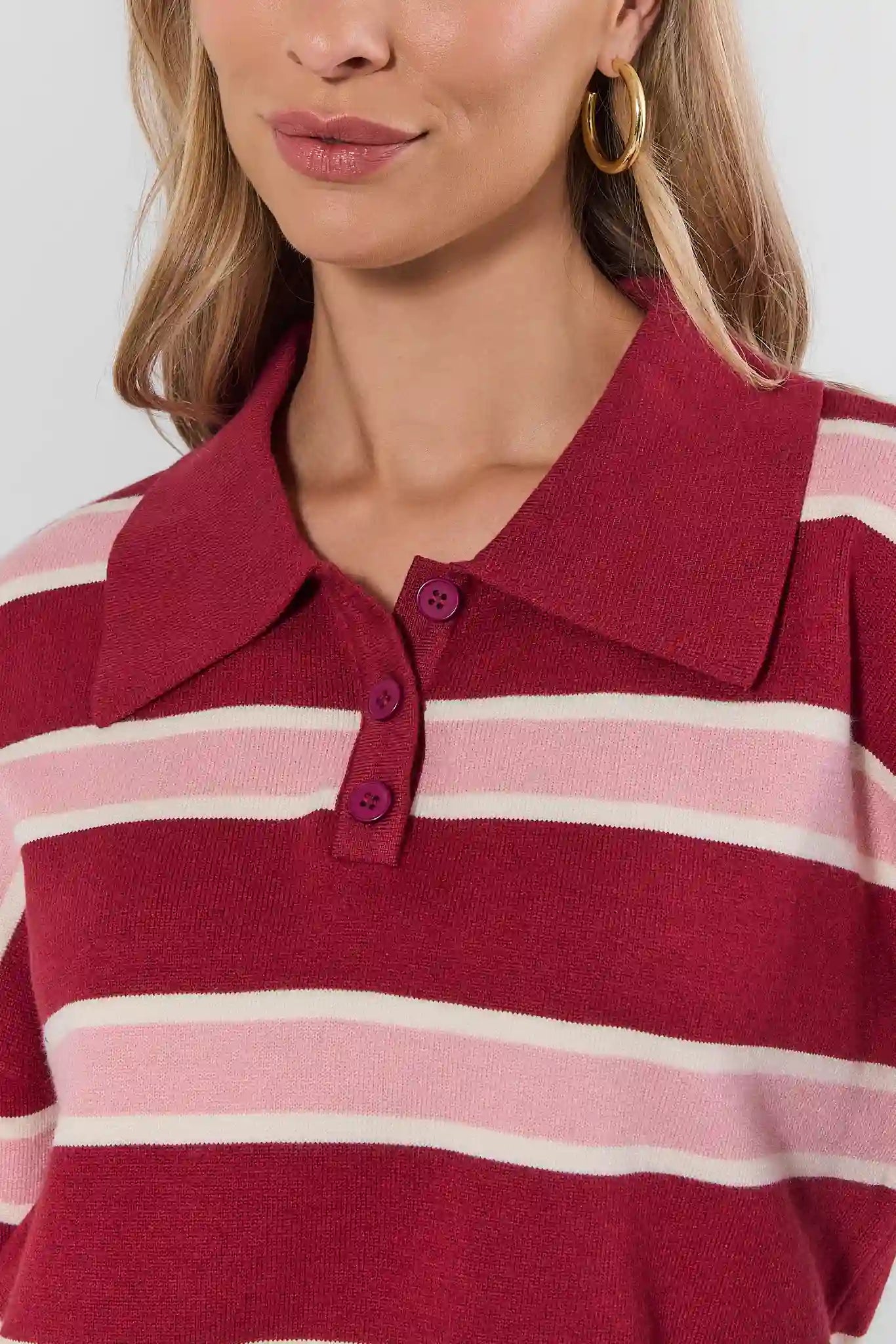 Maroon Striped Collared Knit Top