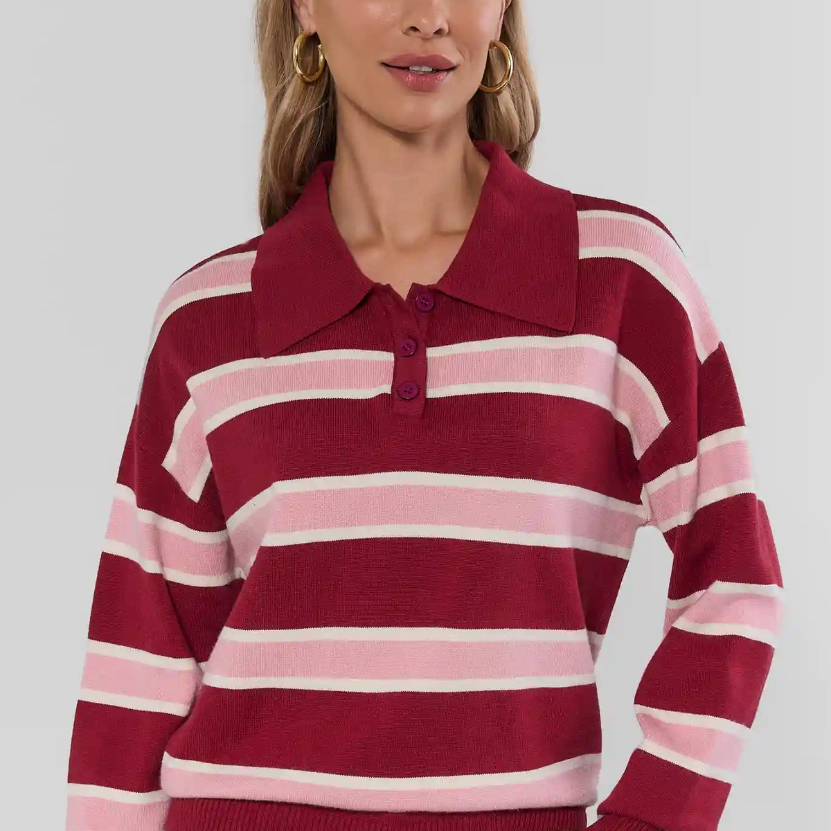 Maroon Striped Collared Knit Top | Avara