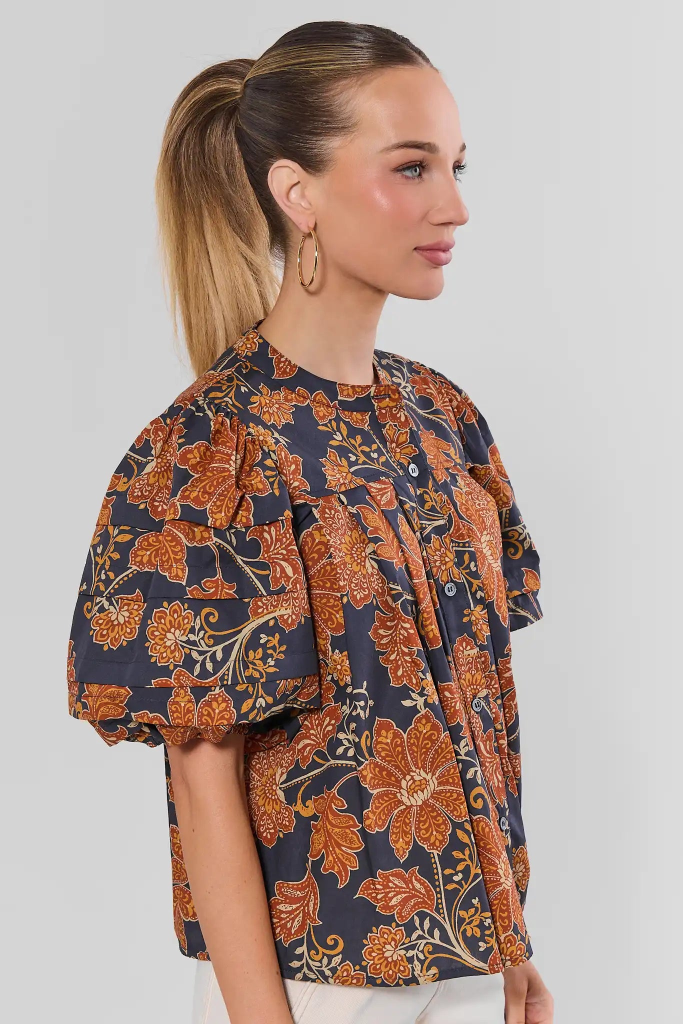 Navy Floral Printed Button Up Top
