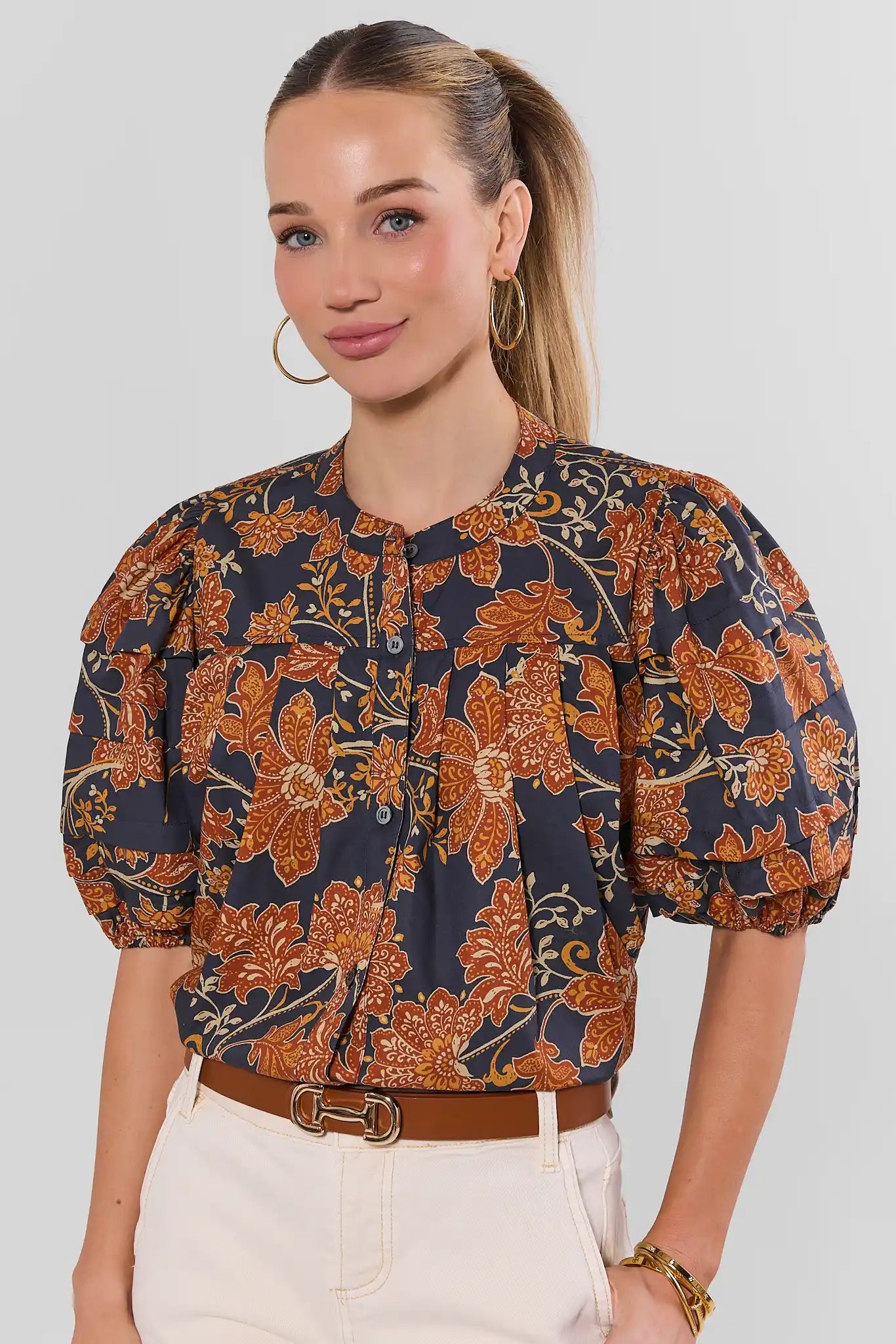 Navy Floral Printed Button Up Top