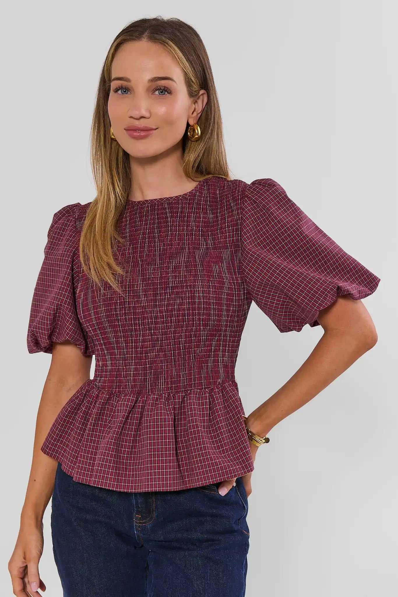 Riley Burgundy Smocked Peplum Top