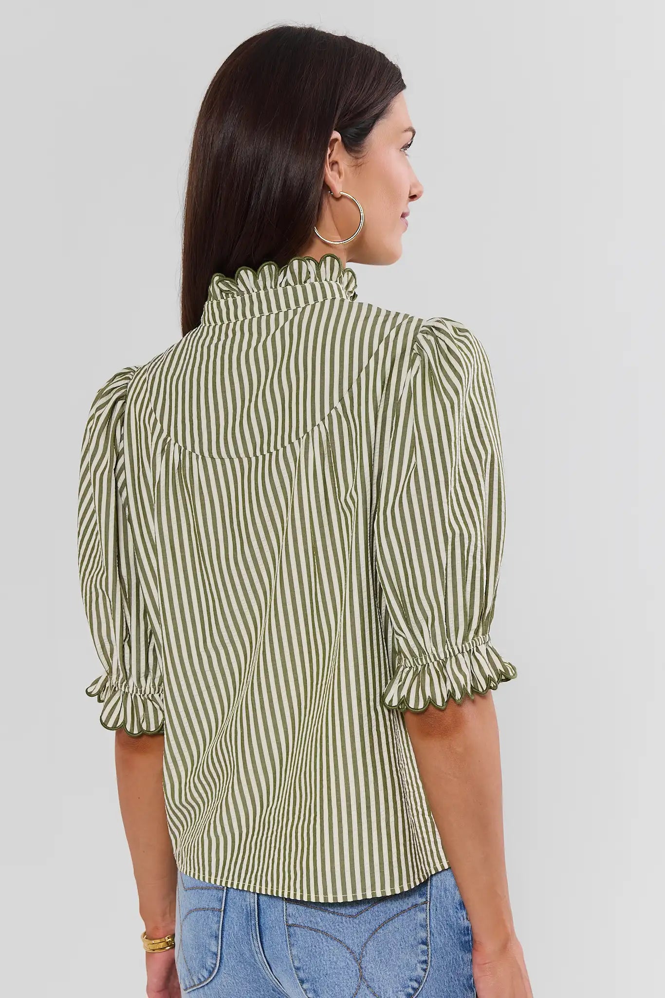 Hailey Green Striped Ruffle Trim Top