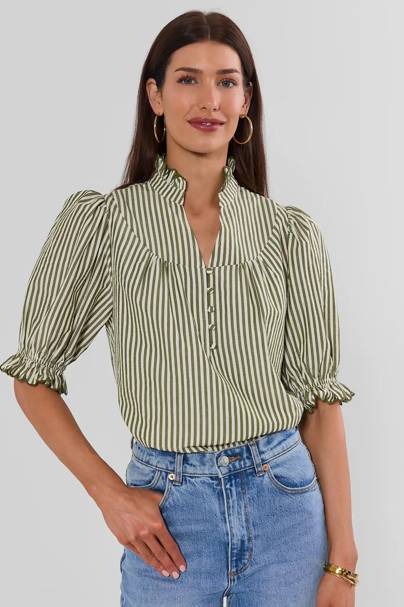 Hailey Green Striped Ruffle Trim Top