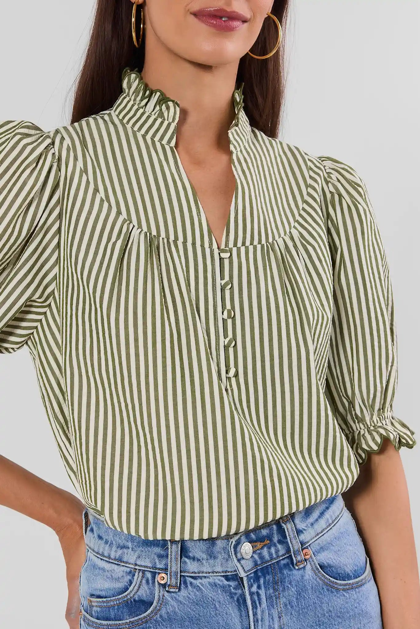 Hailey Green Striped Ruffle Trim Top