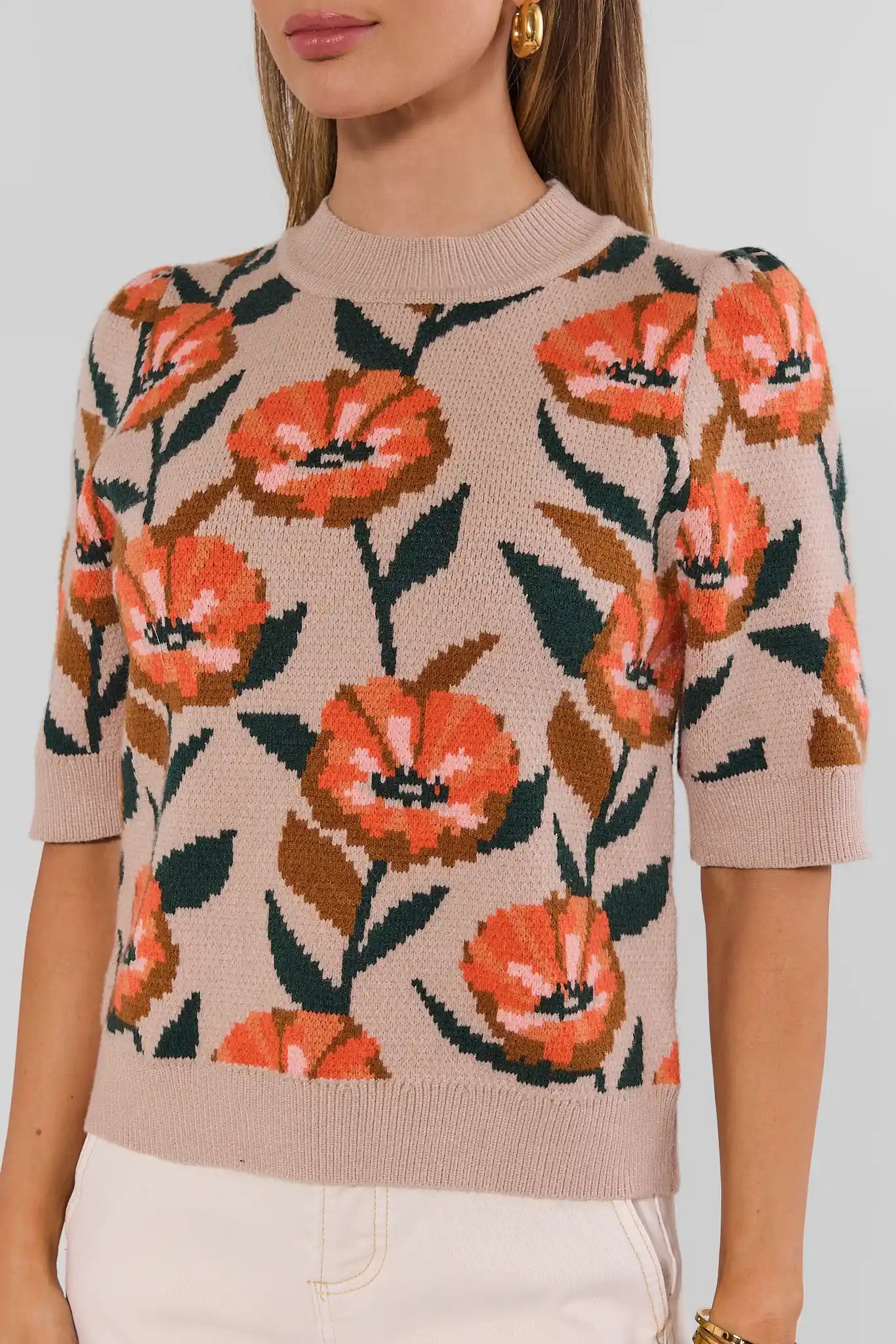 Beige Floral Printed Knit Top by THML