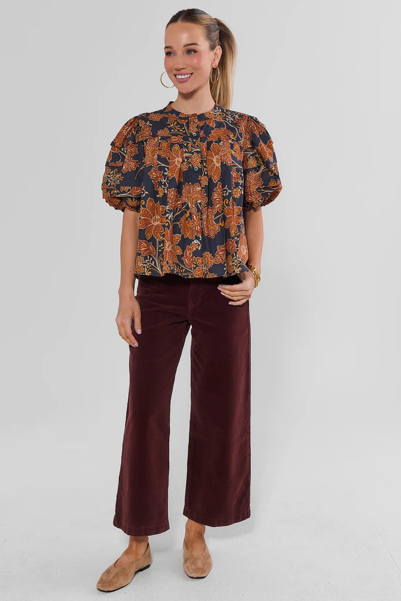 Navy Floral Printed Button Up Top