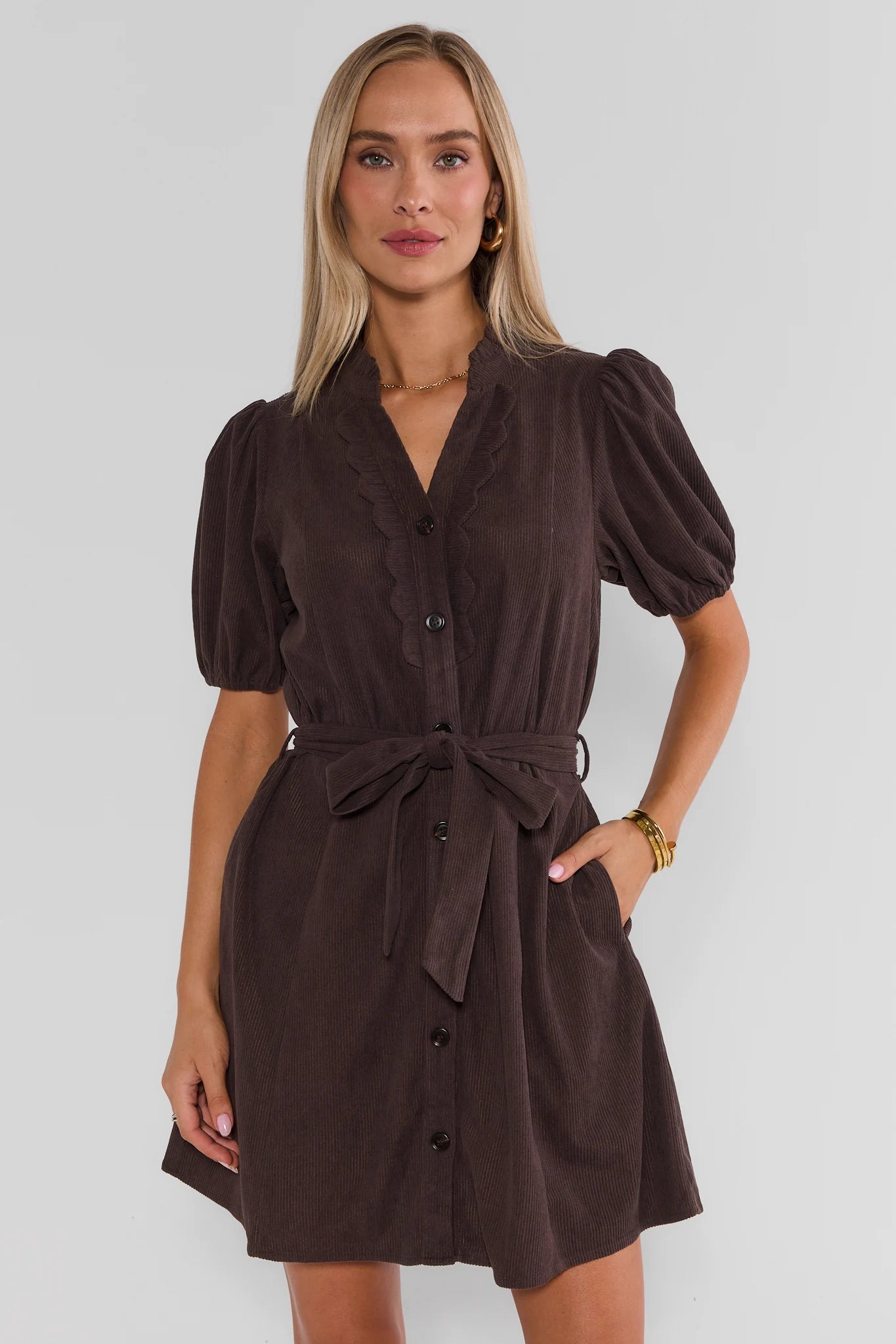 Brown Corduroy Button Up Short Dress