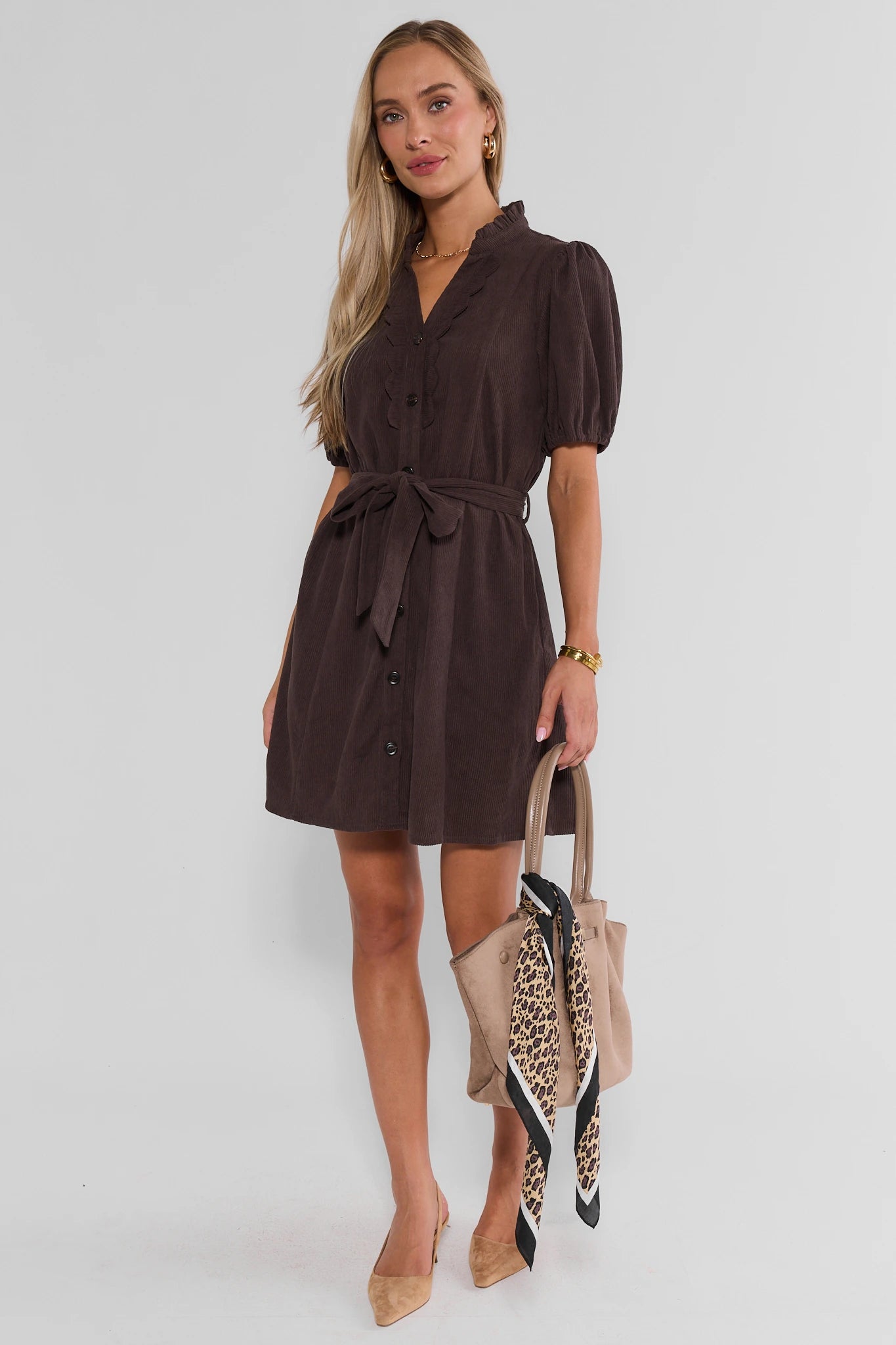 Brown Corduroy Button Up Short Dress