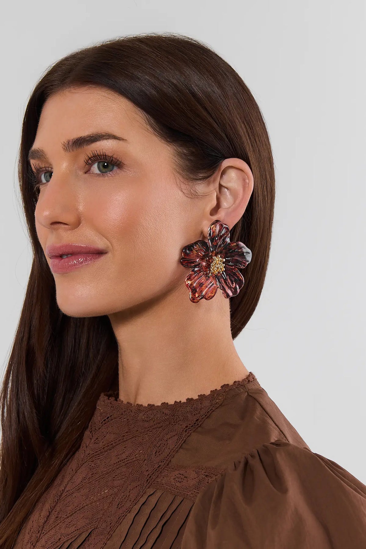 Brown Tortoise Flower Stud Earrings
