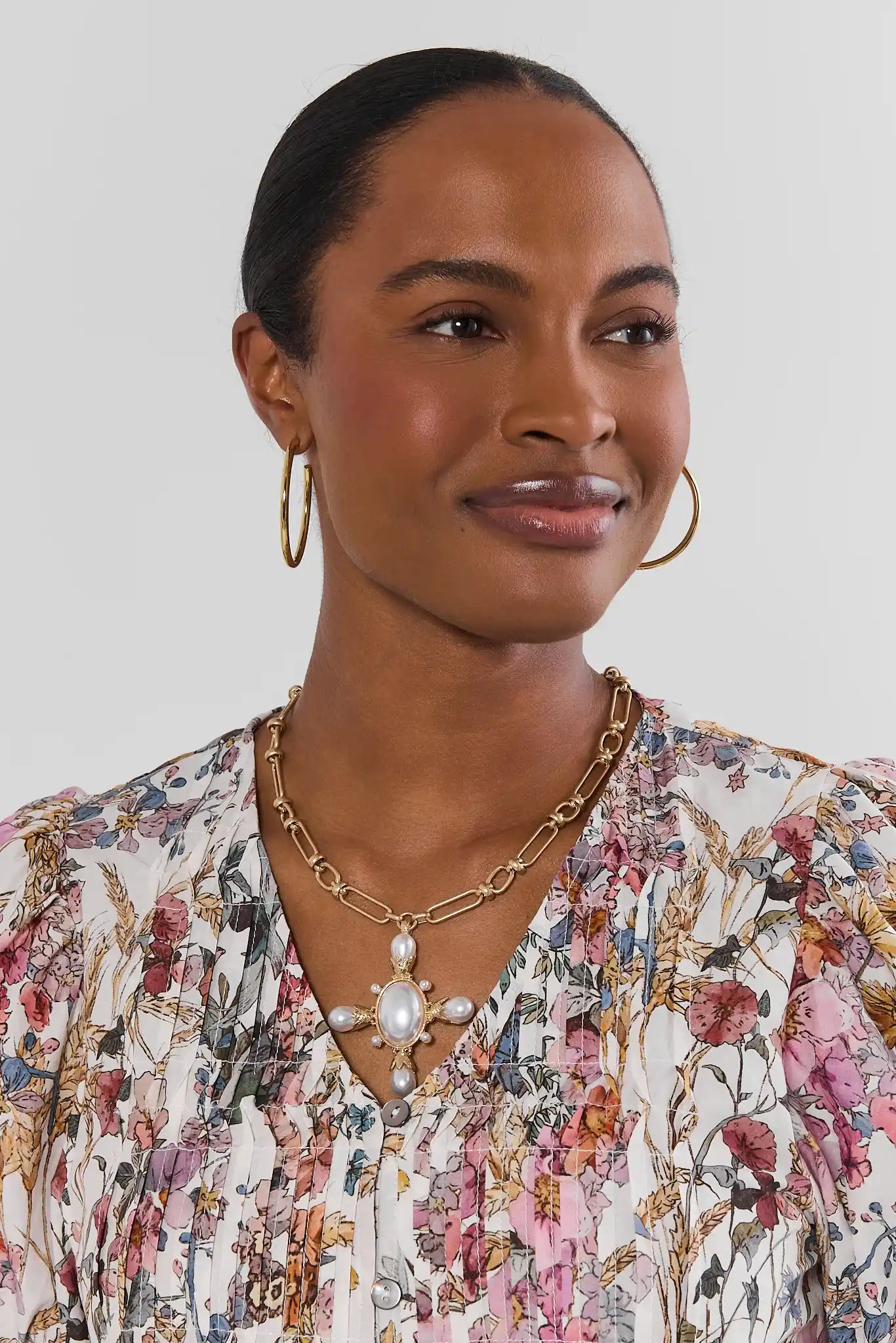 Gold Pearl Cross Pendant Necklace