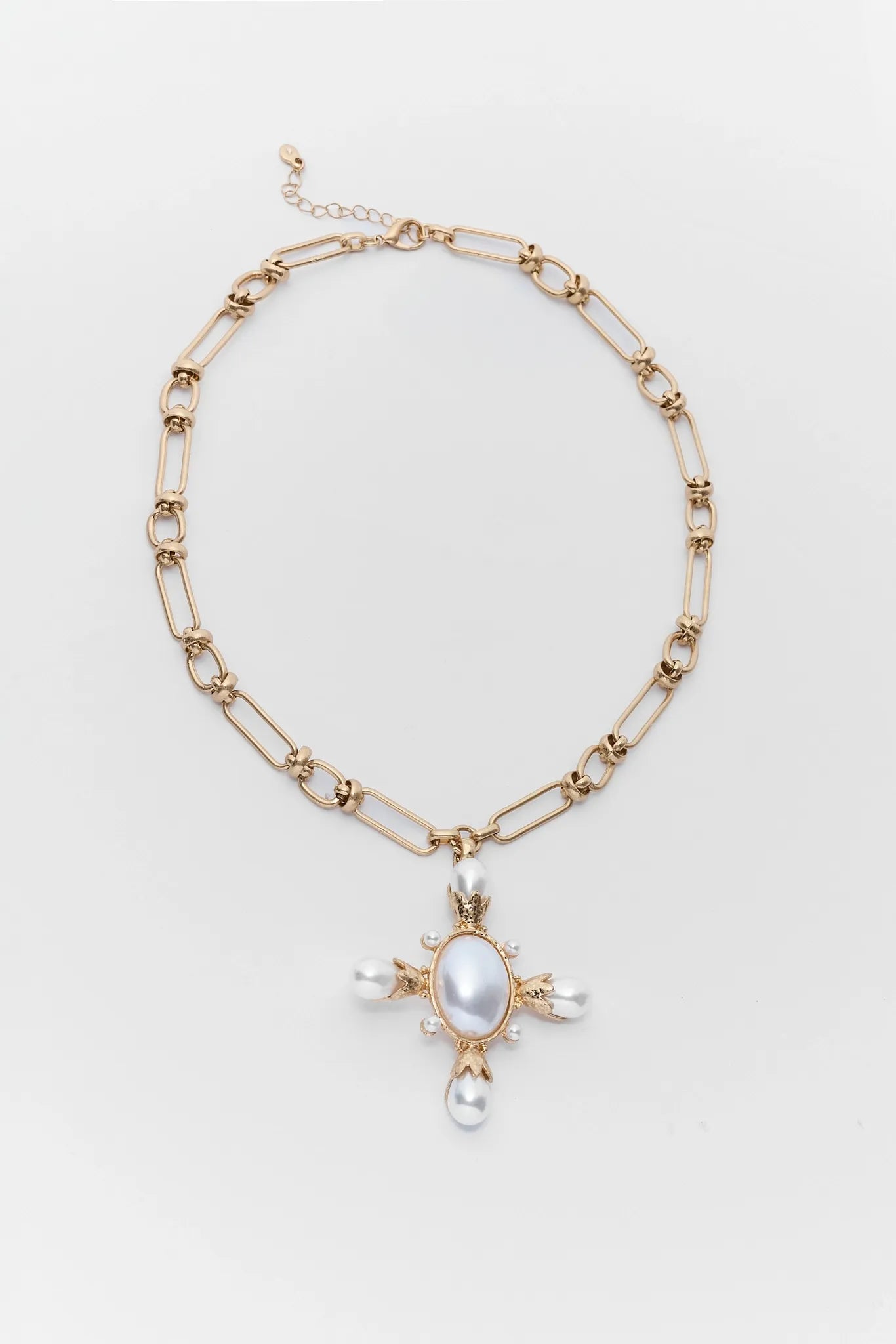 Gold Pearl Cross Pendant Necklace