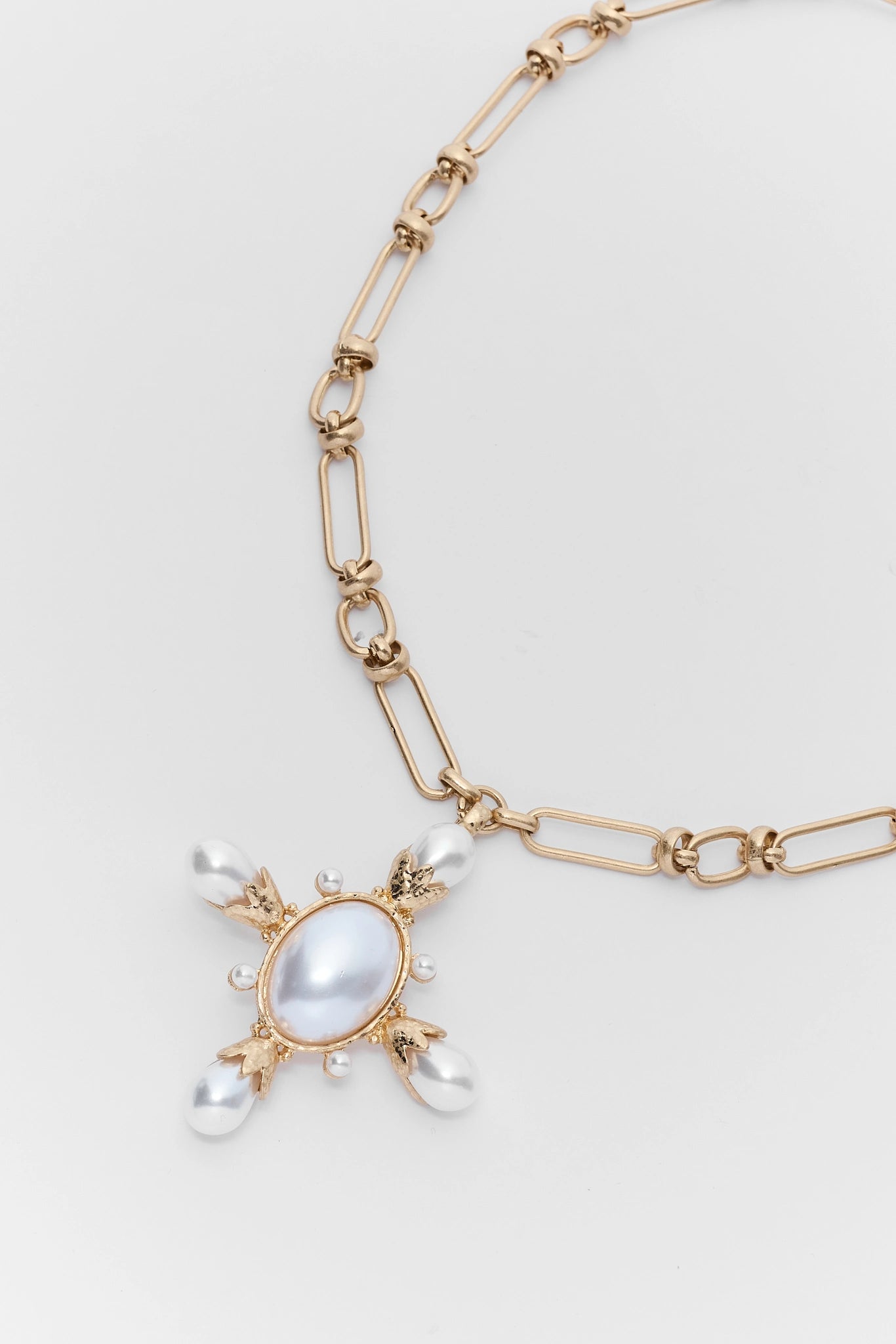 Gold Pearl Cross Pendant Necklace