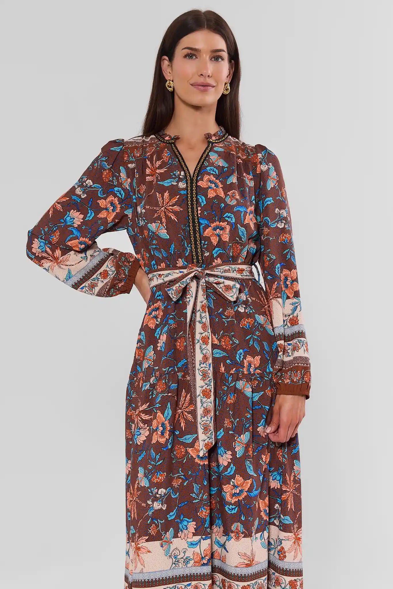 Brown Multi Printed Midi Dress