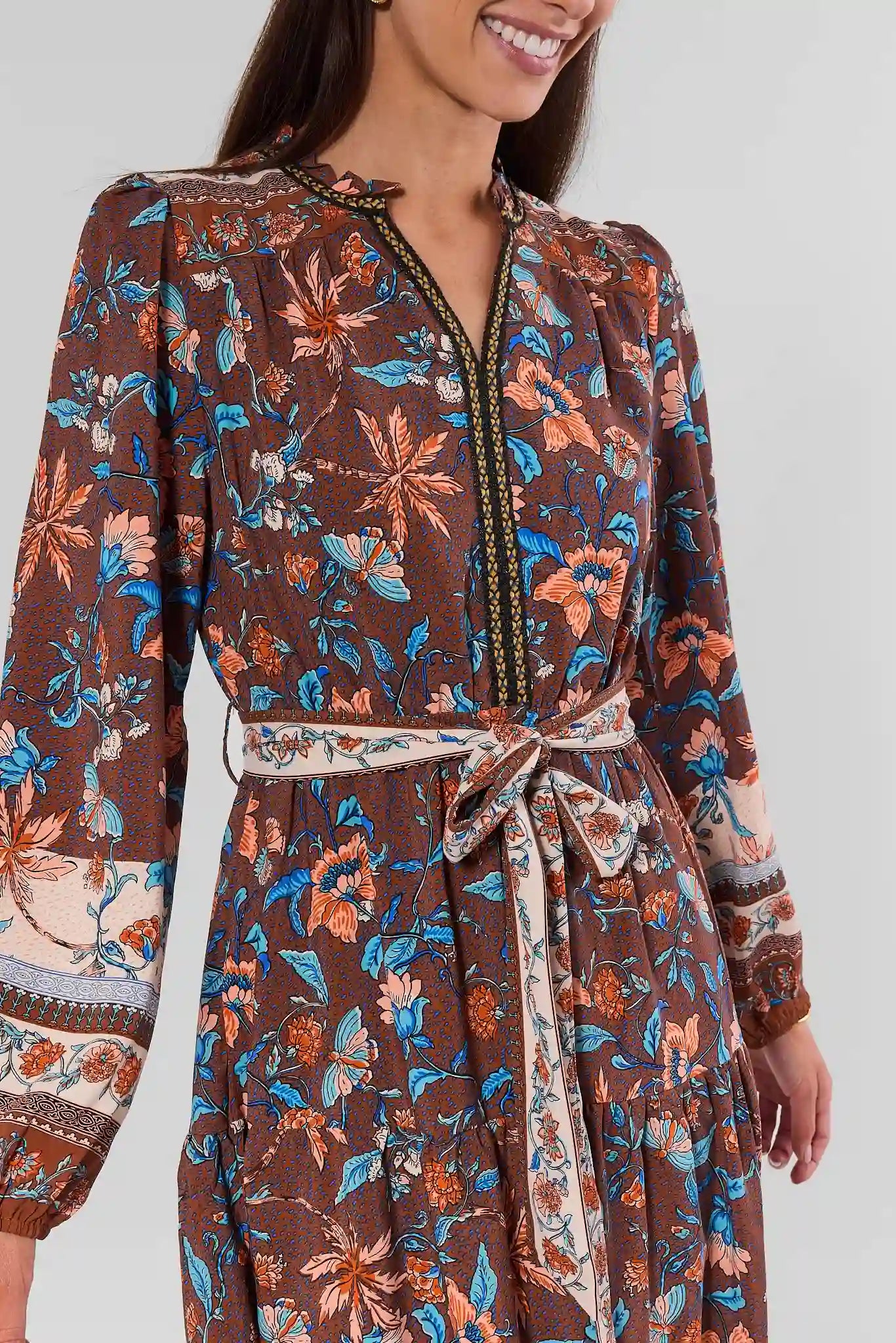 Brown Multi Printed Midi Dress