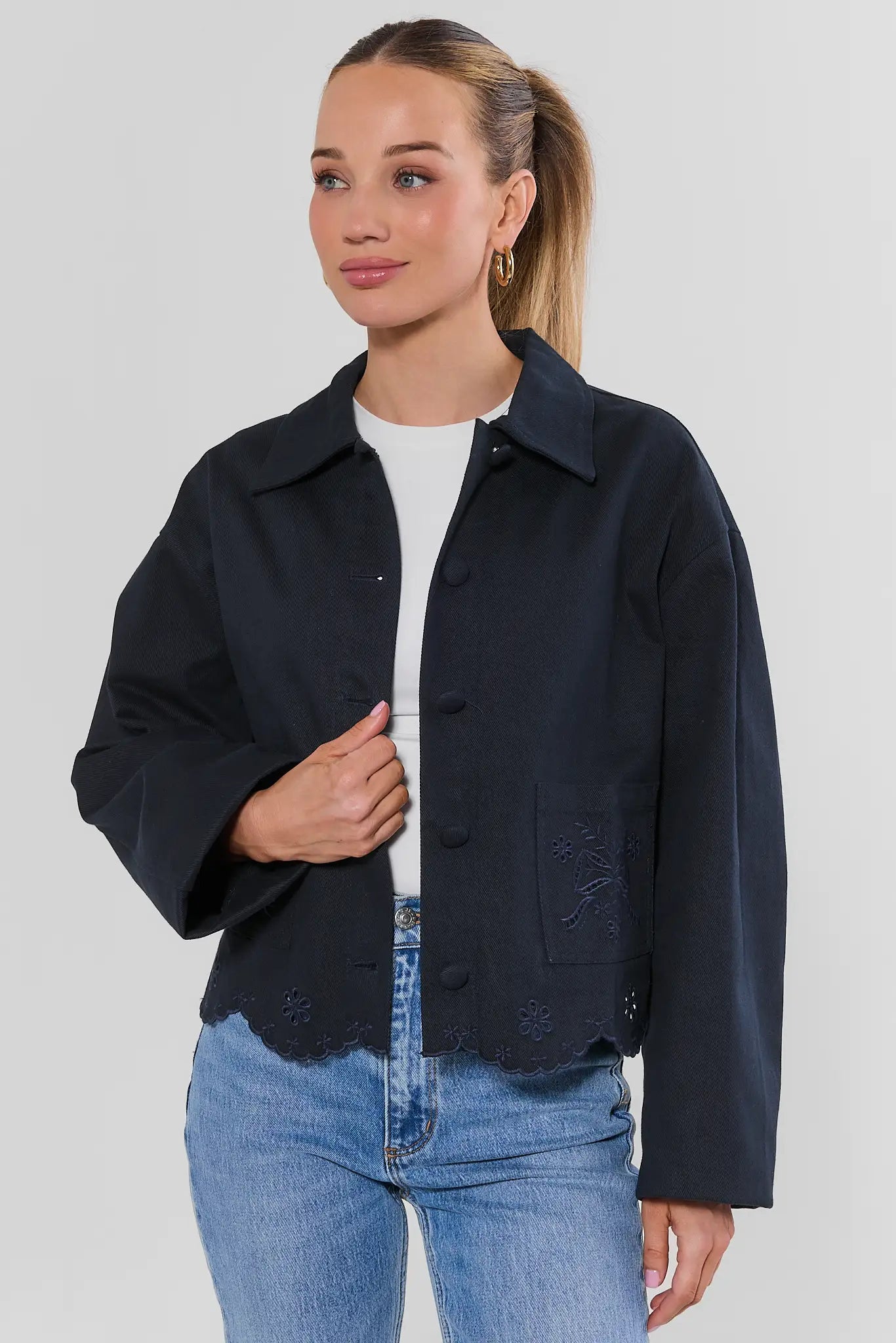 Eyelet Detail Scalloped Hem Jacket