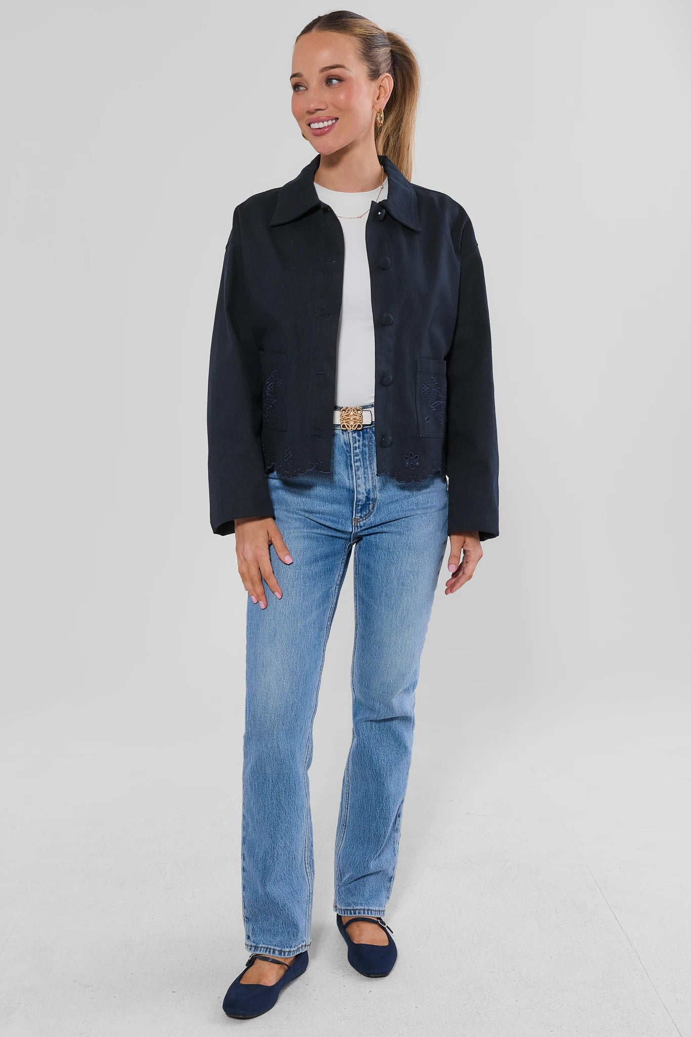Eyelet Detail Scalloped Hem Jacket