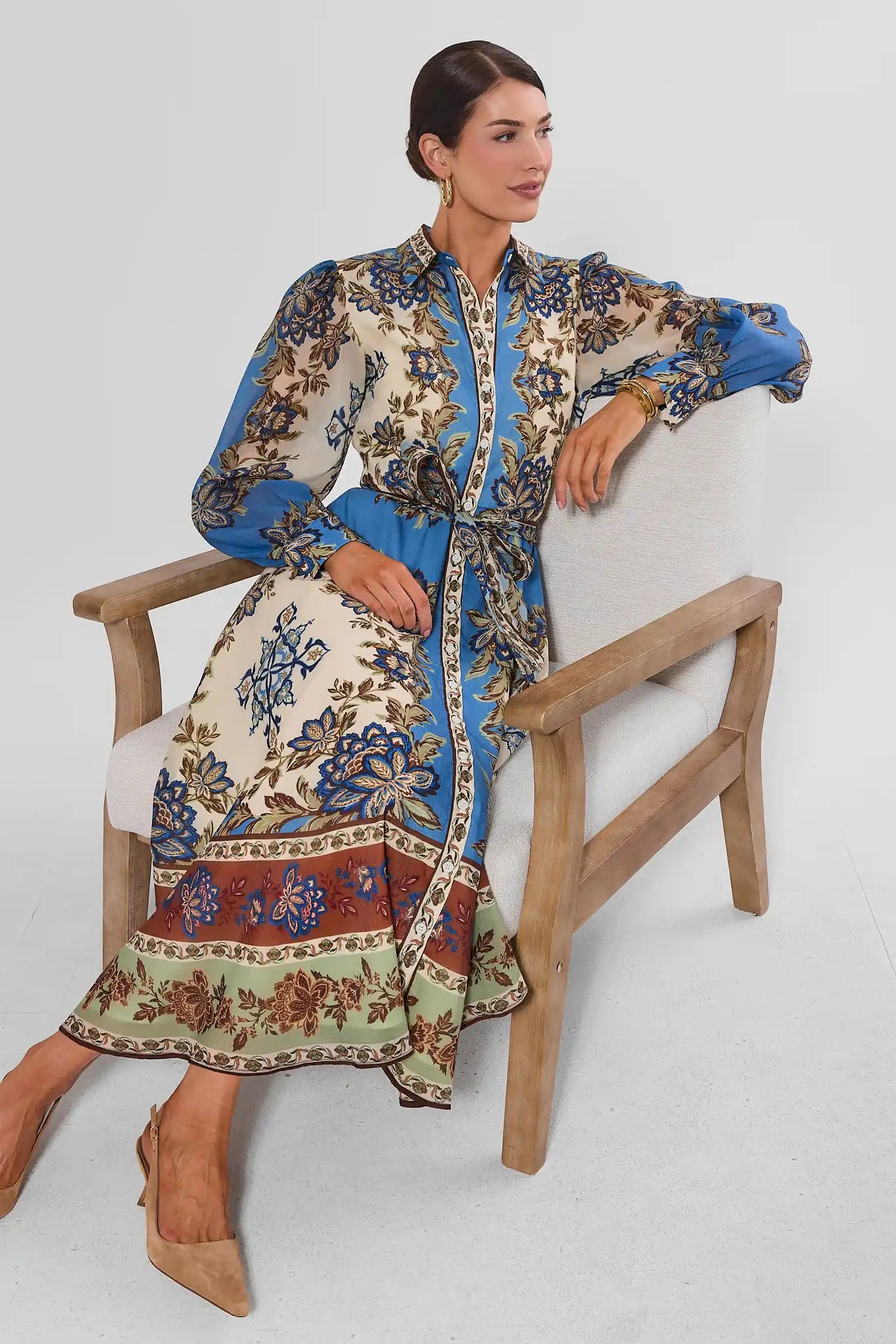 Multi Border Print Button Up Midi Dress