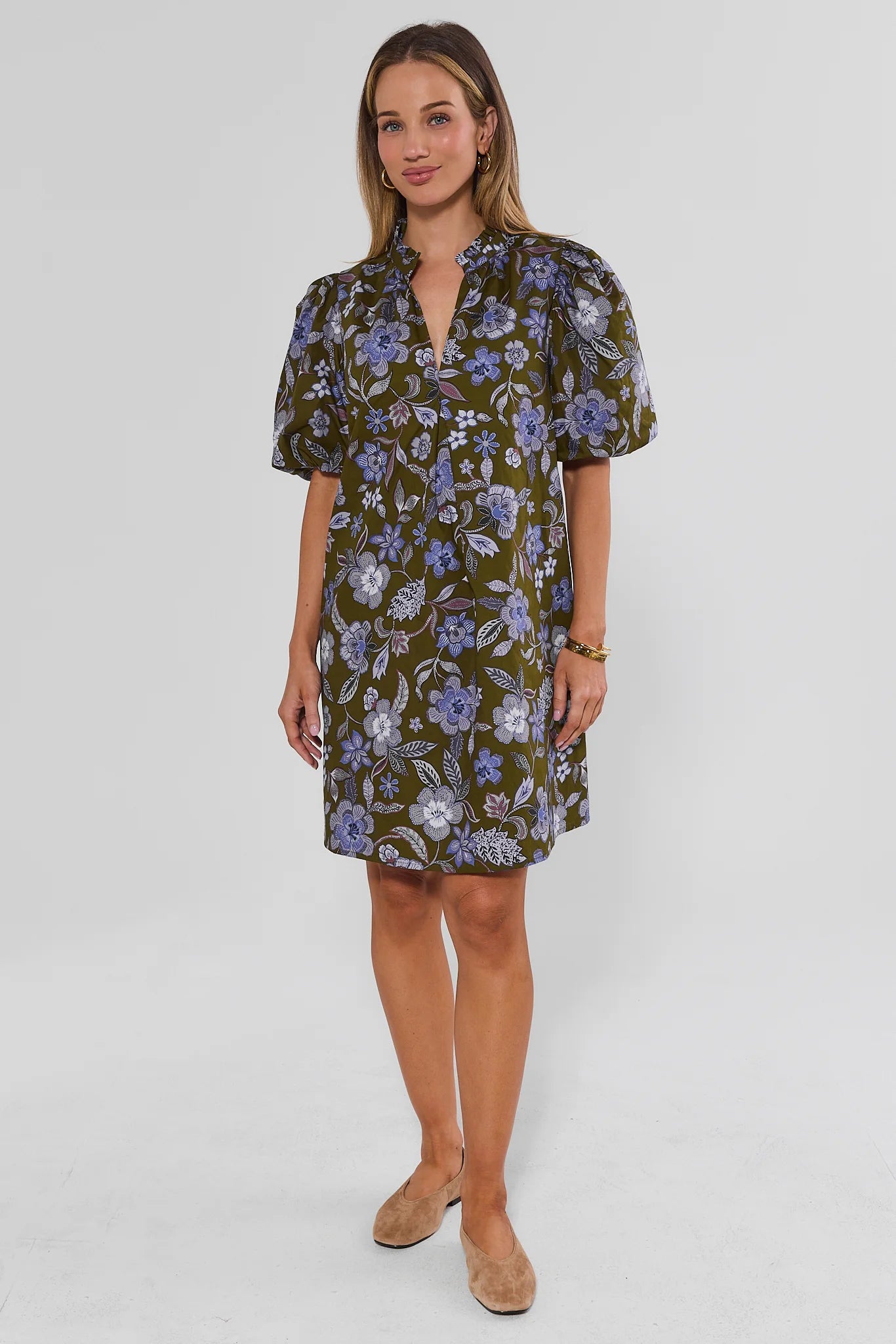 Olive Floral Printed Short Dress