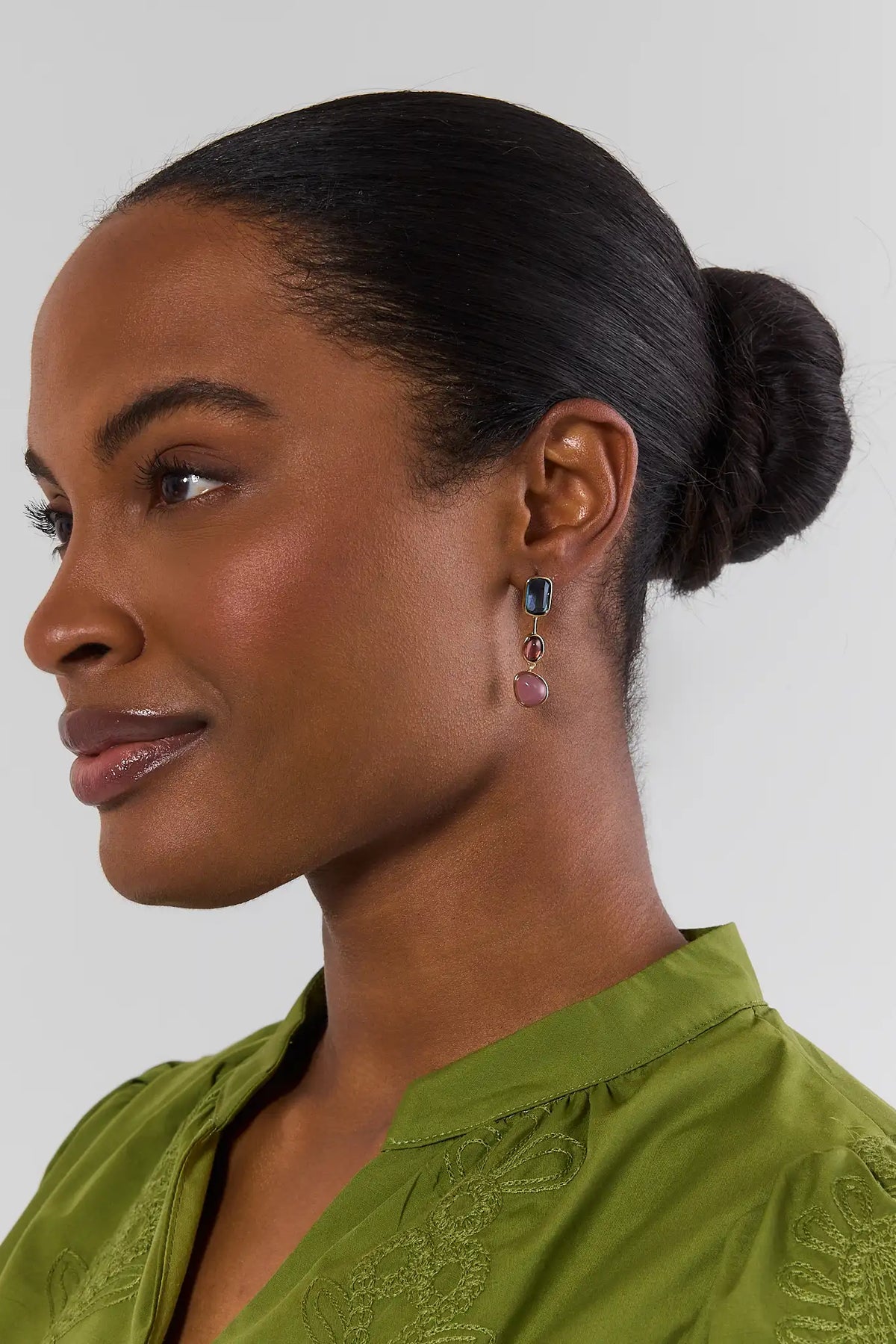 Blue Multi Stone Drop Earrings Styled On Model - Side Profile View | Avara