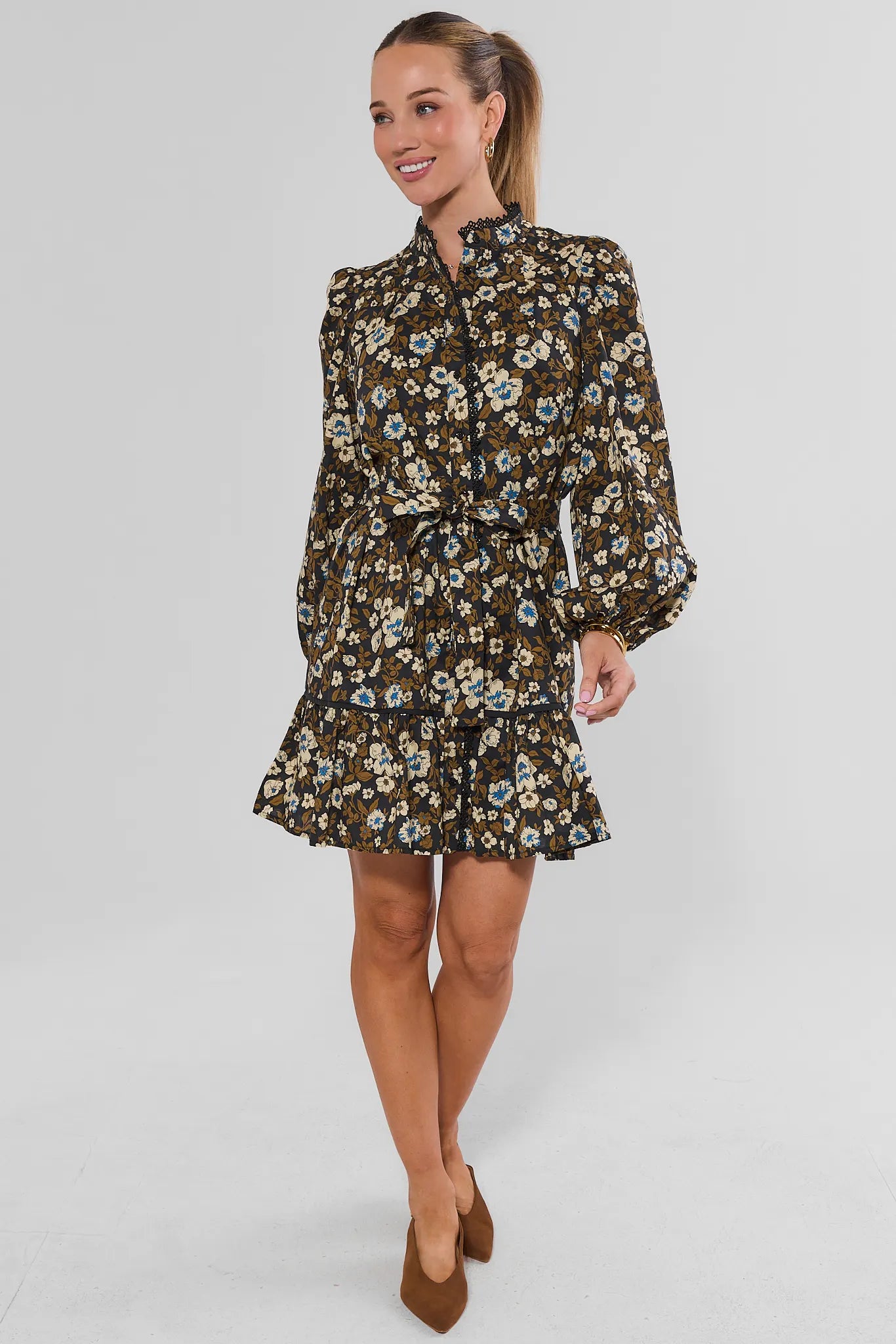 Black Floral Lace Trim Short Dress