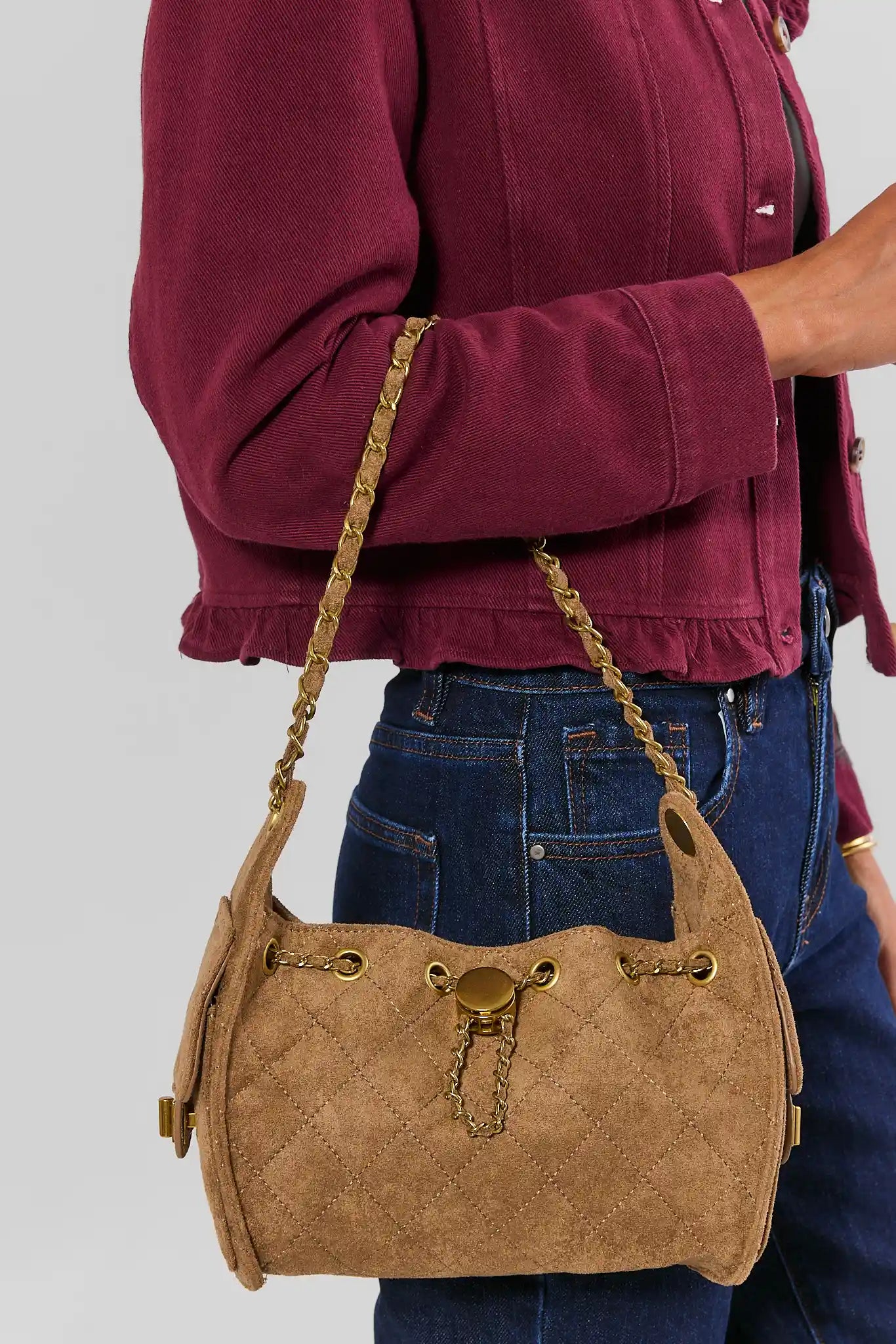 Tan Faux Suede Quilted Bucket Bag