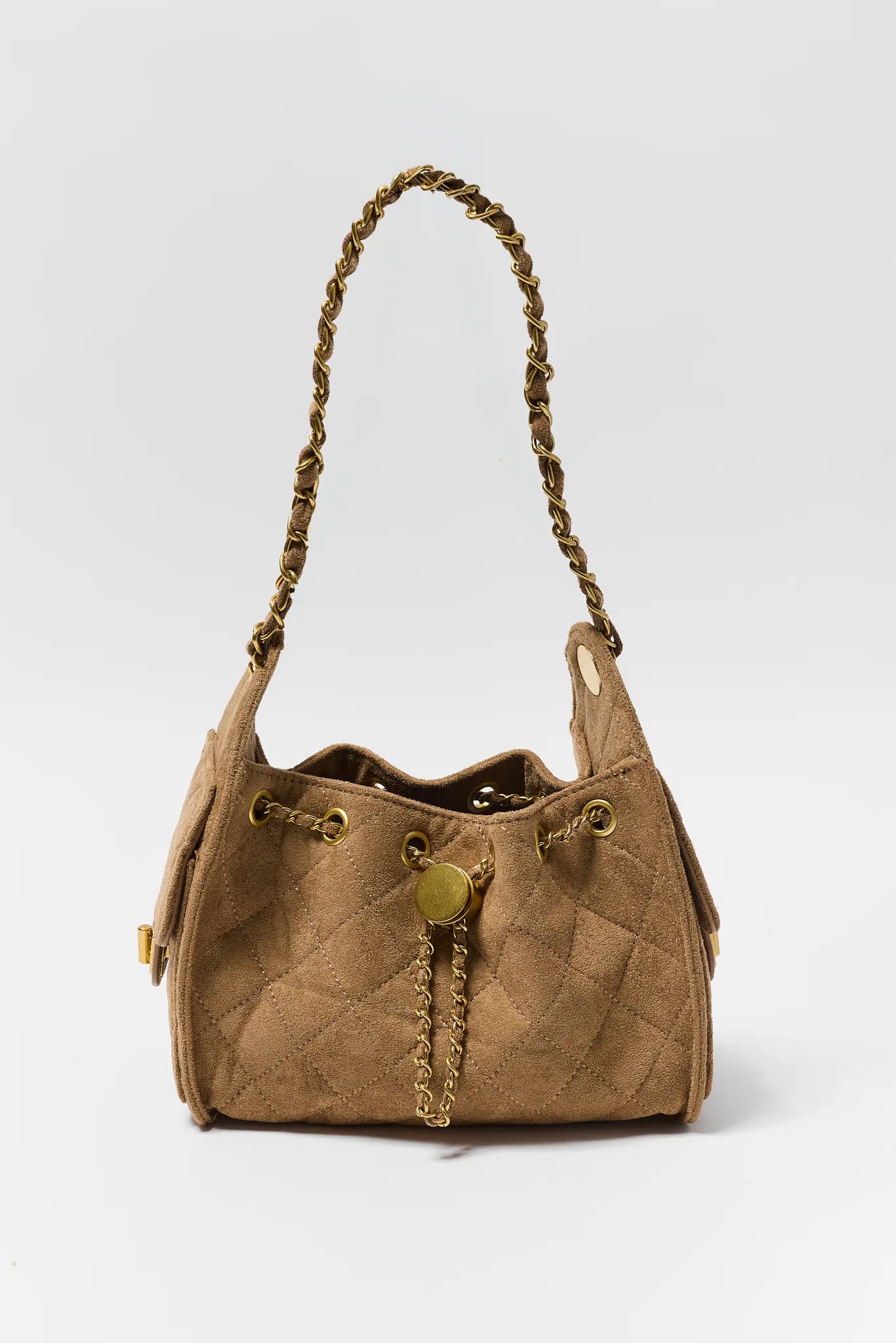 Tan Faux Suede Quilted Bucket Bag