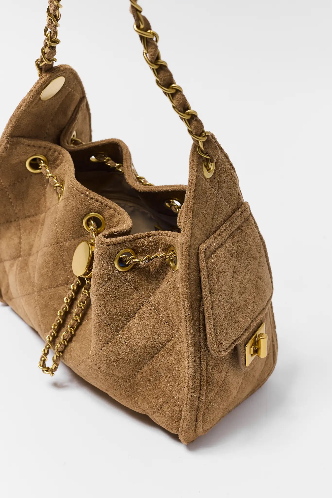 Tan Faux Suede Quilted Bucket Bag