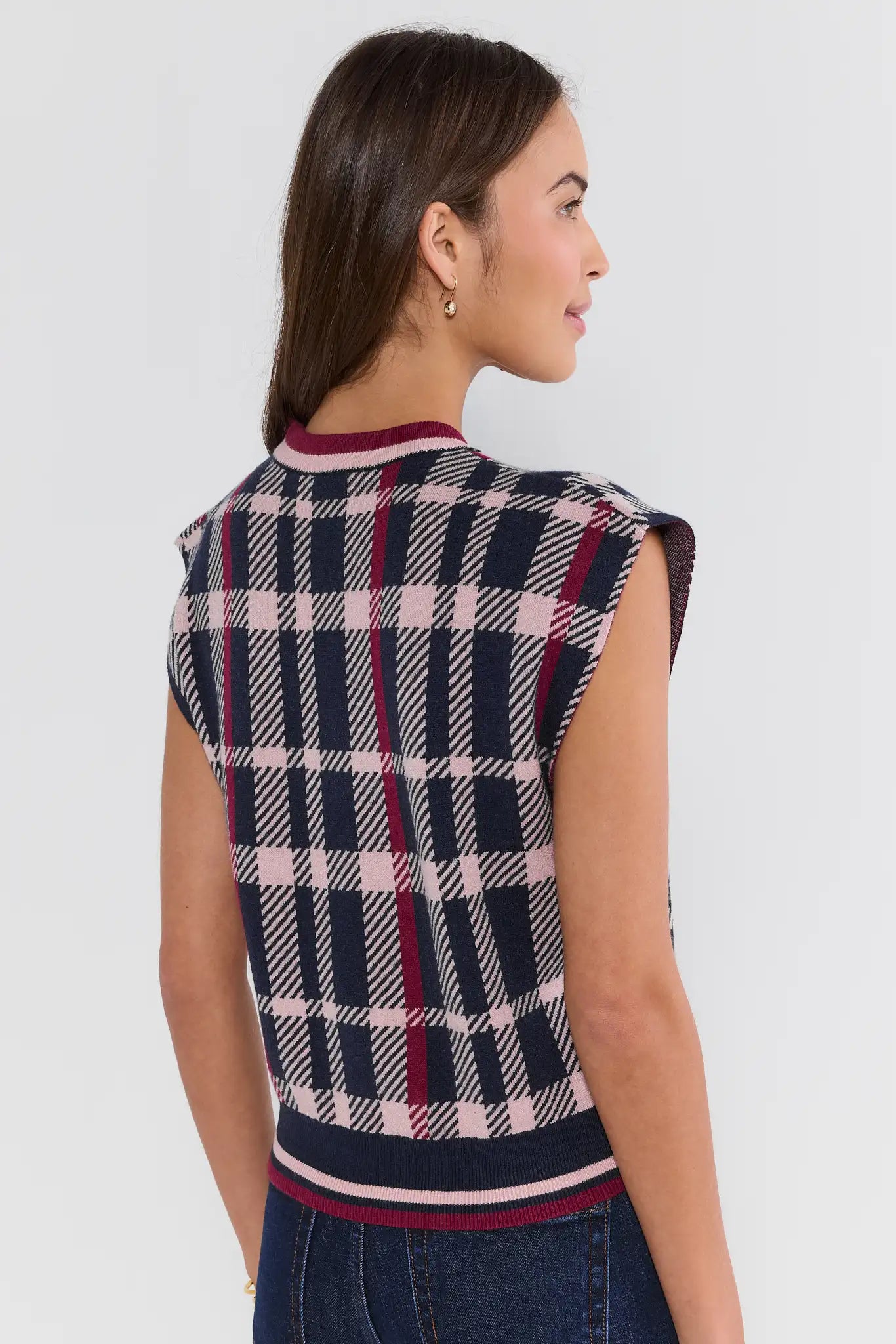 Navy Plaid Contrast Trim Sweater by THML
