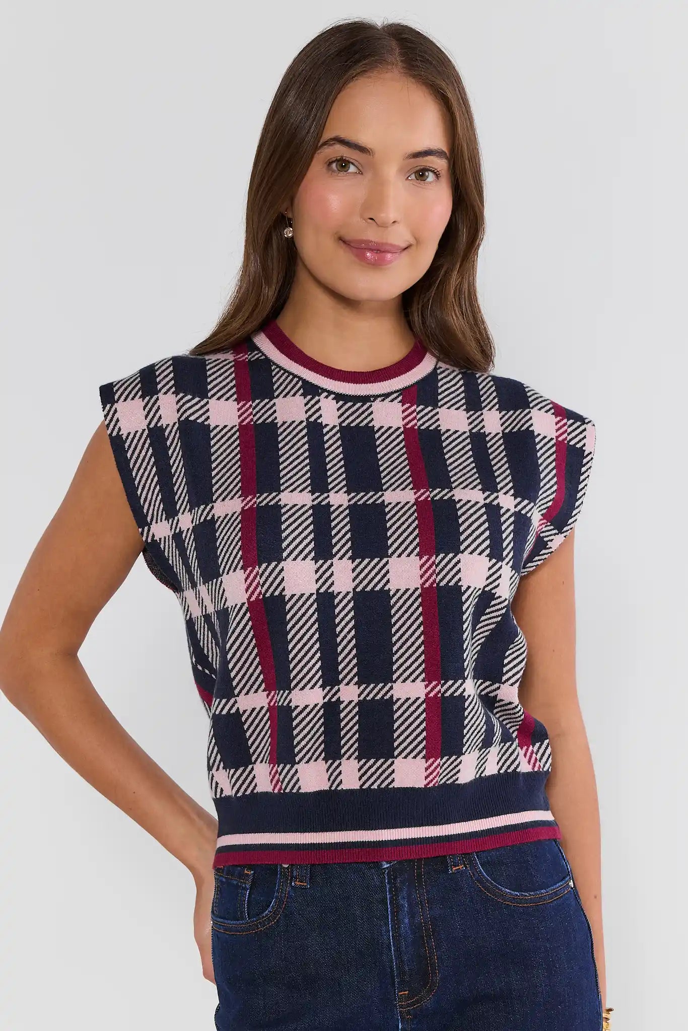 Navy Plaid Contrast Trim Sweater by THML