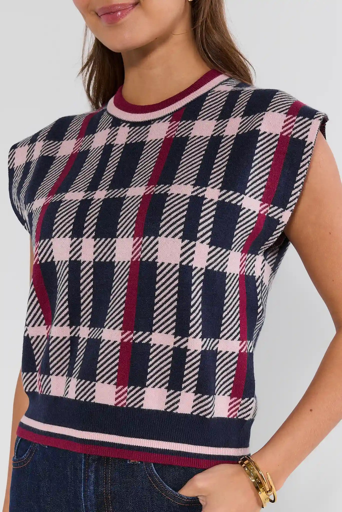Navy Plaid Contrast Trim Sweater by THML