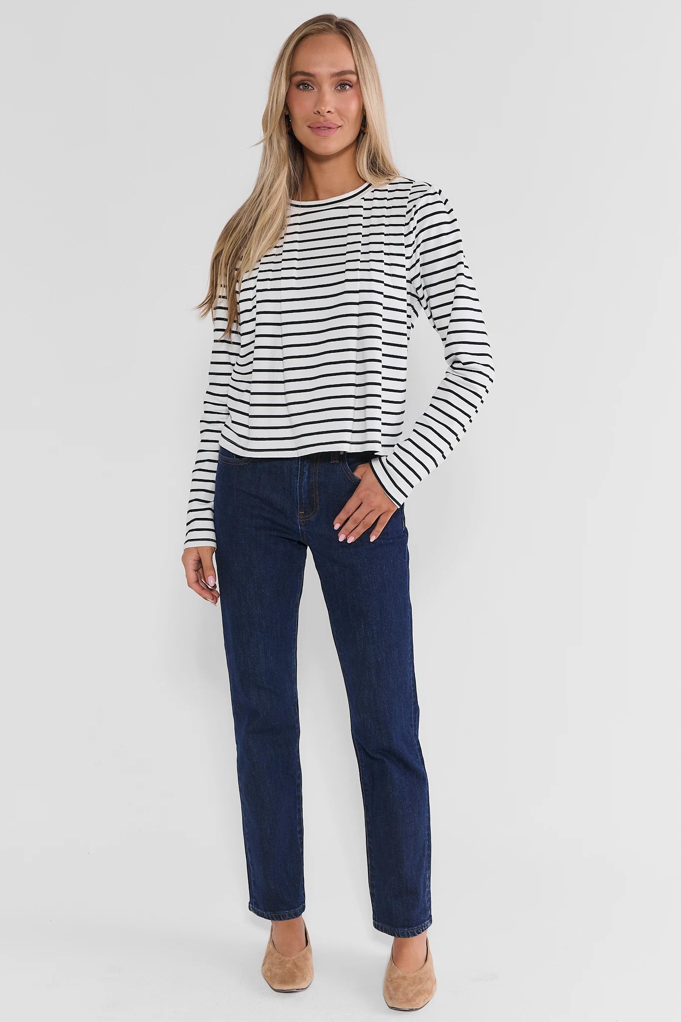 Daniela White Striped Pleated Top