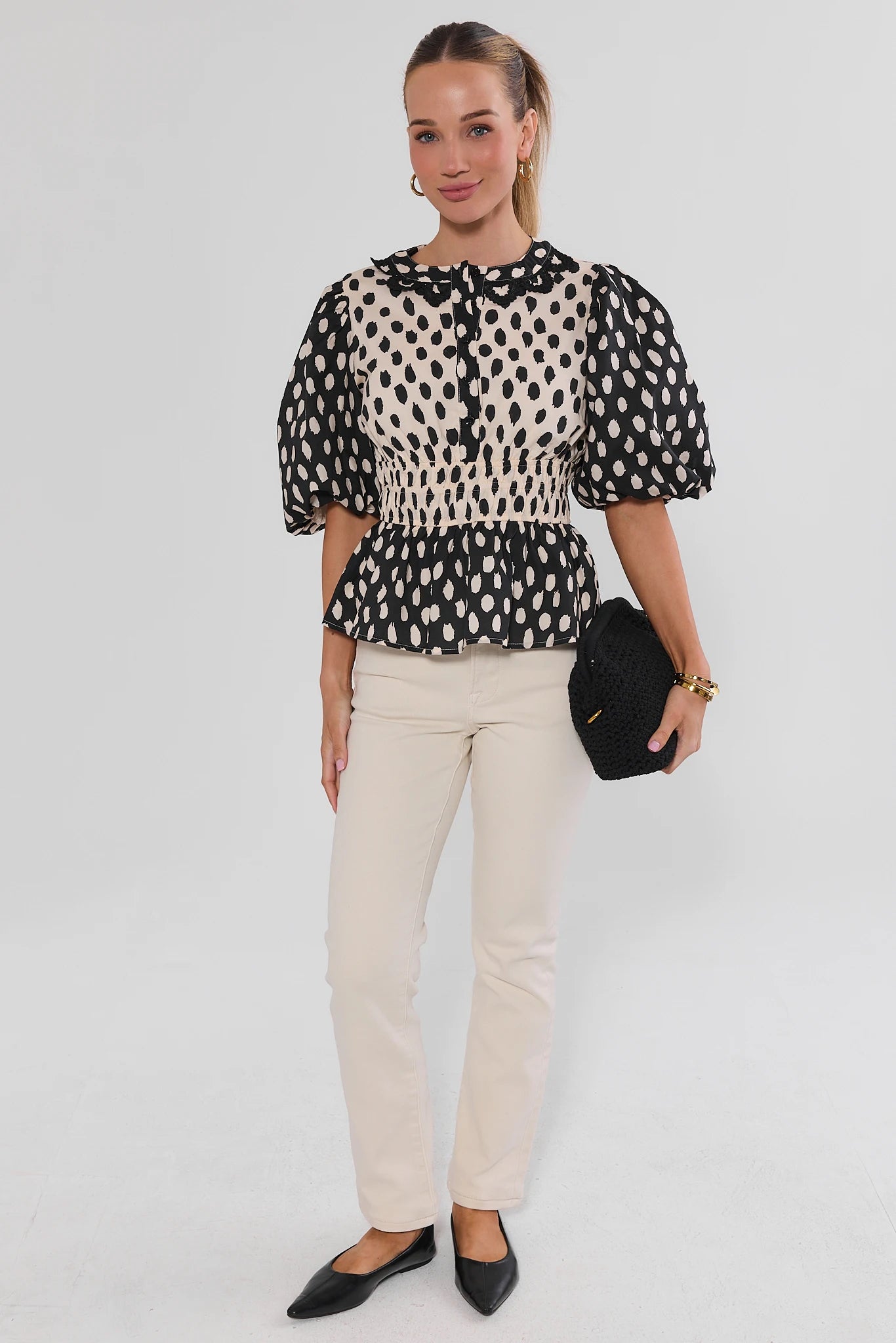 Presley Black Polka Dot Peplum Top