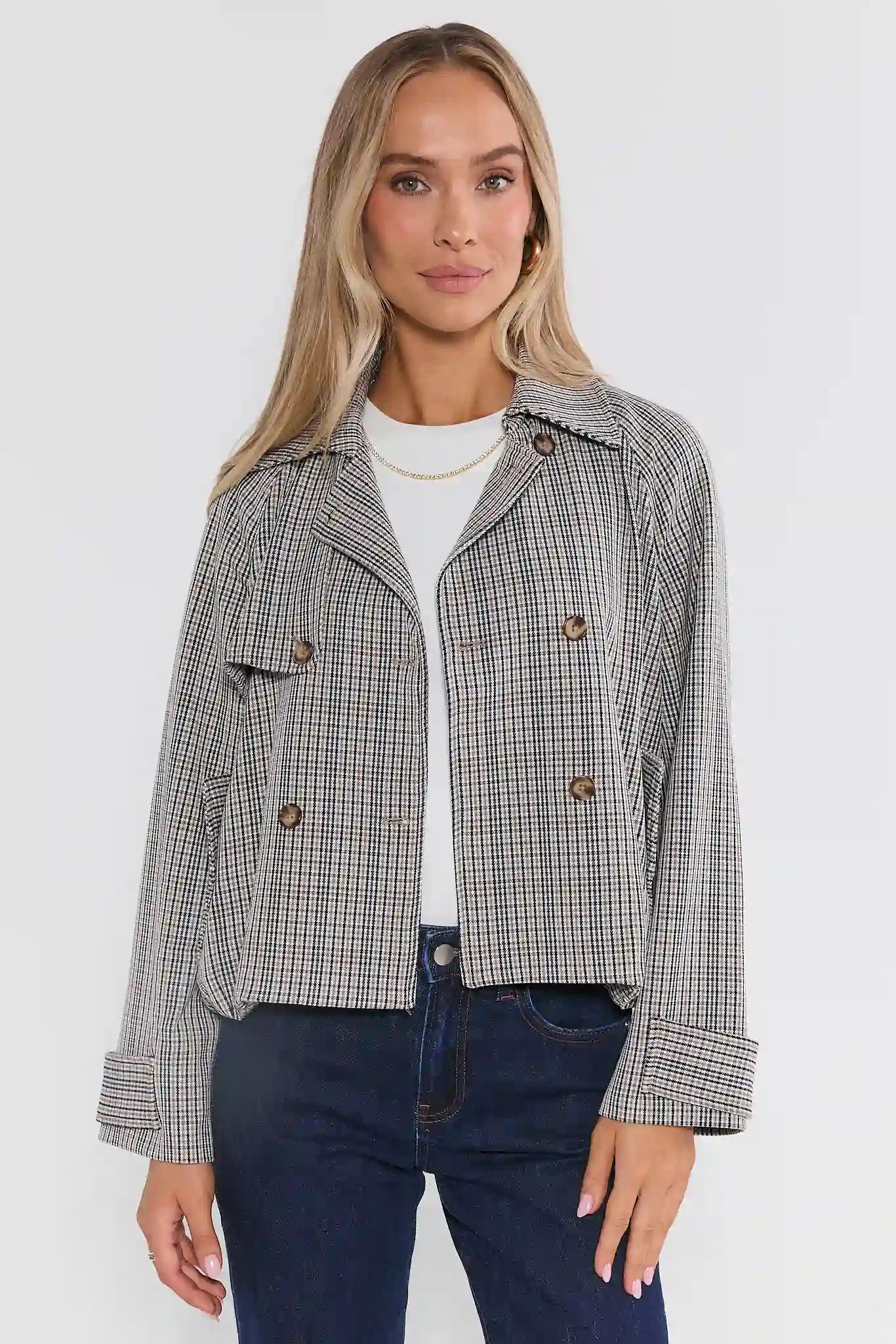 Brown Plaid Cropped Trench Jacket