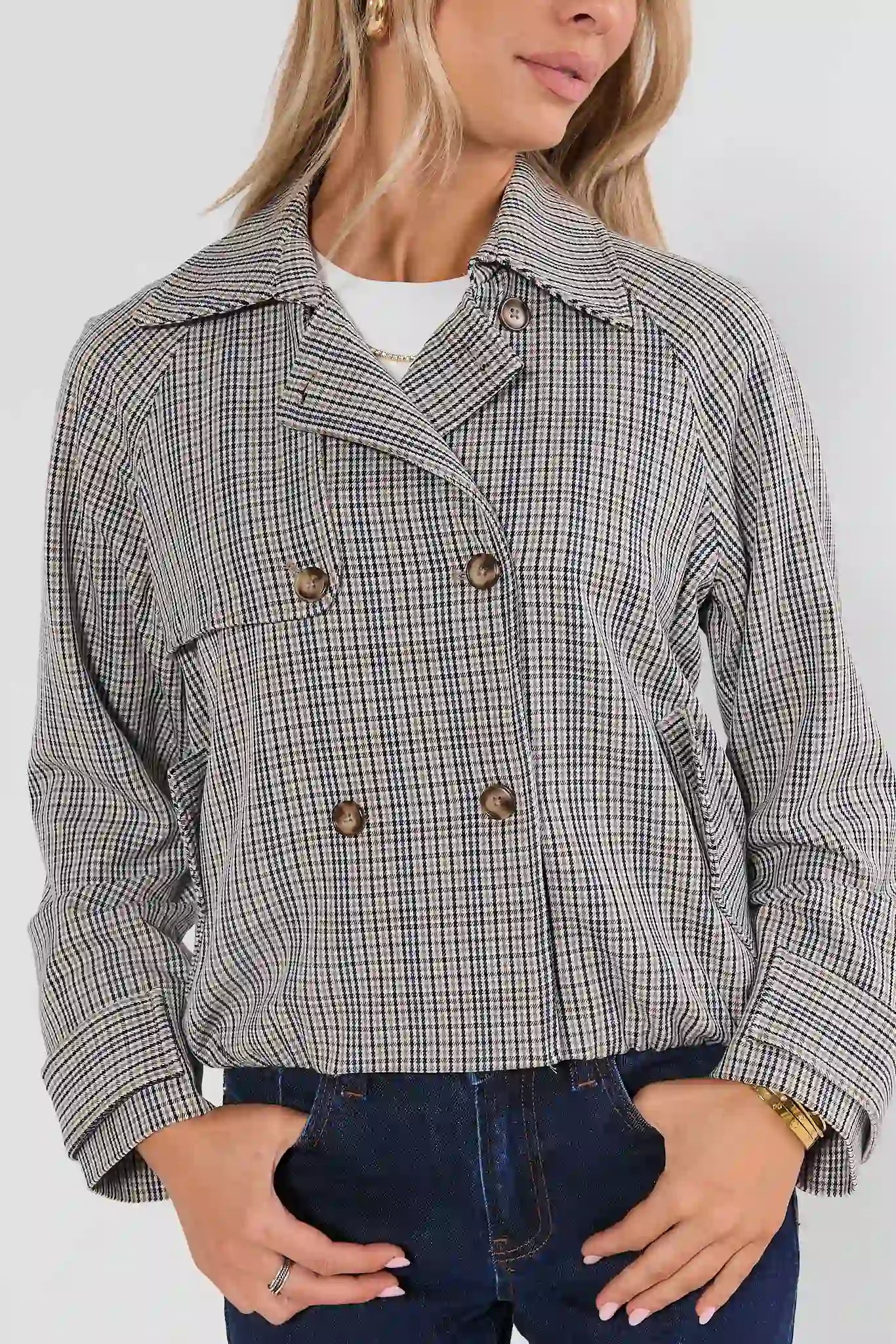 Brown Plaid Cropped Trench Jacket