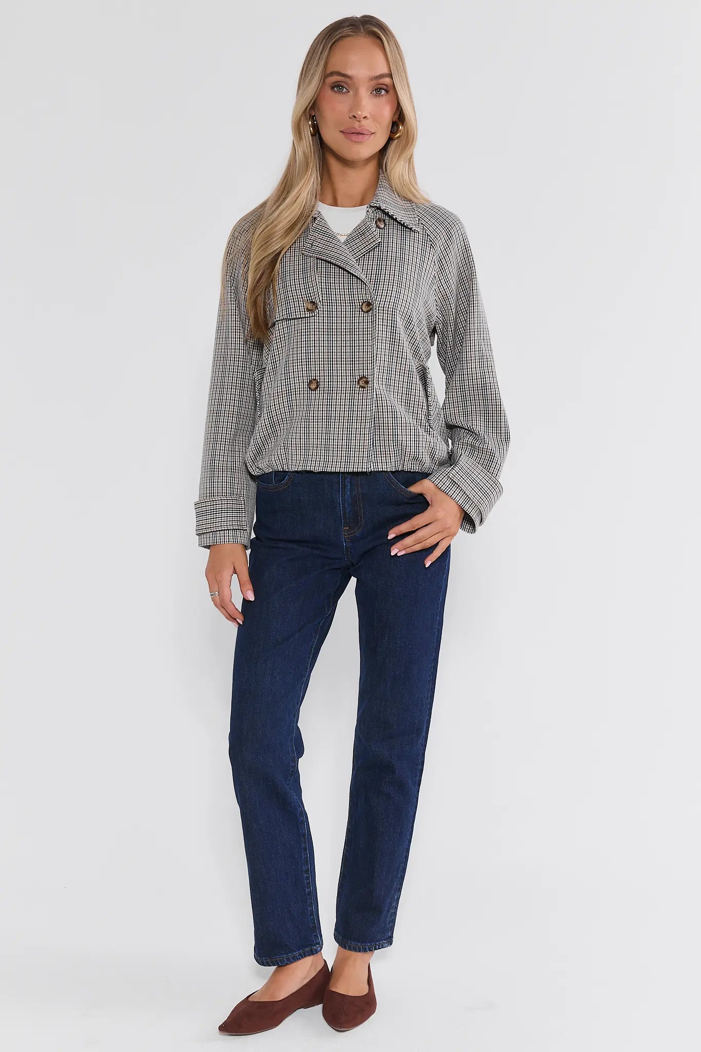 Brown Plaid Cropped Trench Jacket