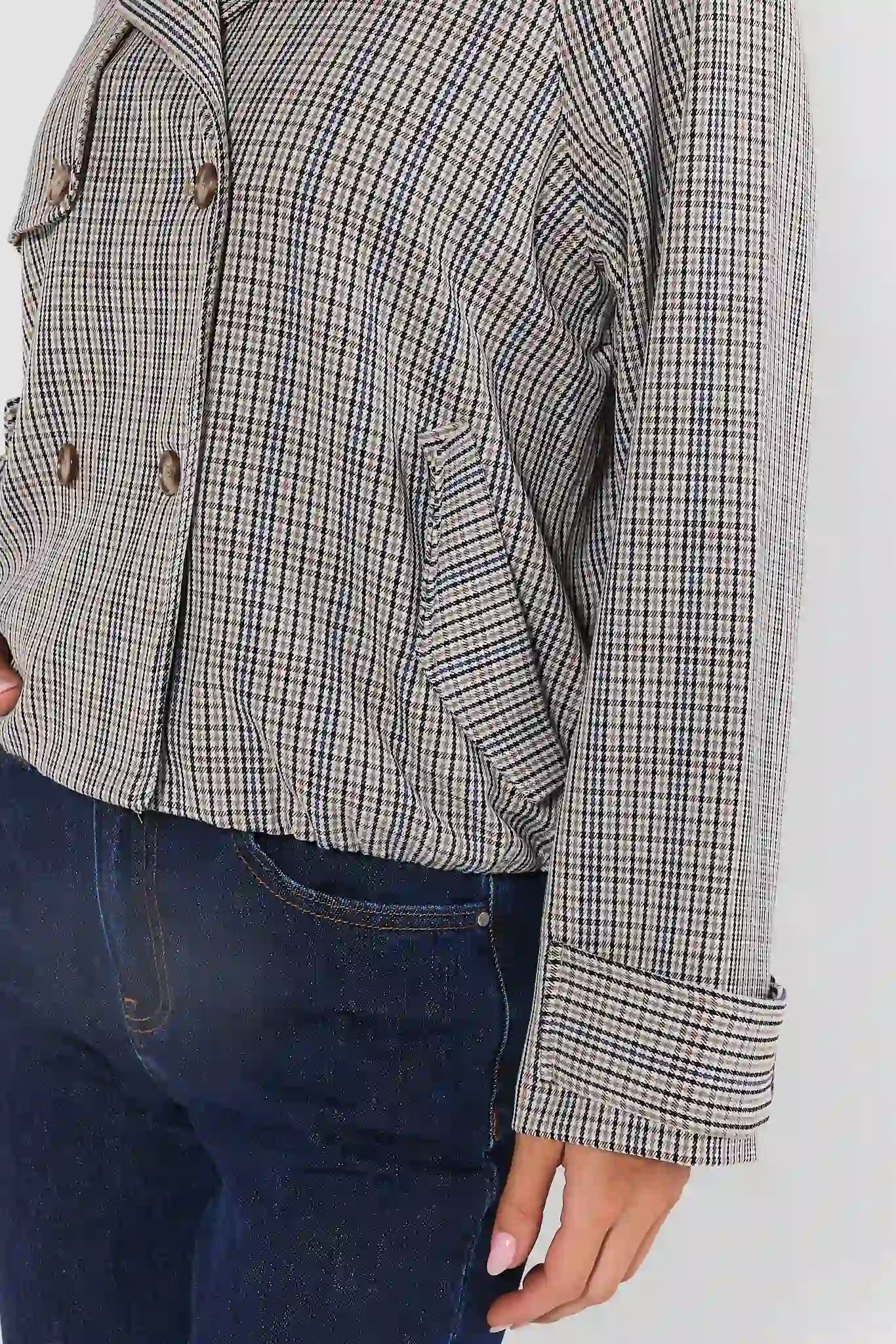 Brown Plaid Cropped Trench Jacket