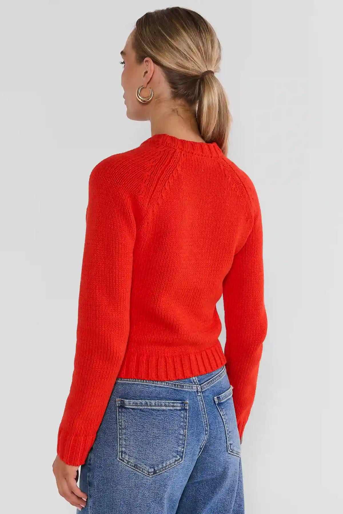 Red Cable Knit Cardigan Sweater - Back View On Model | Avara