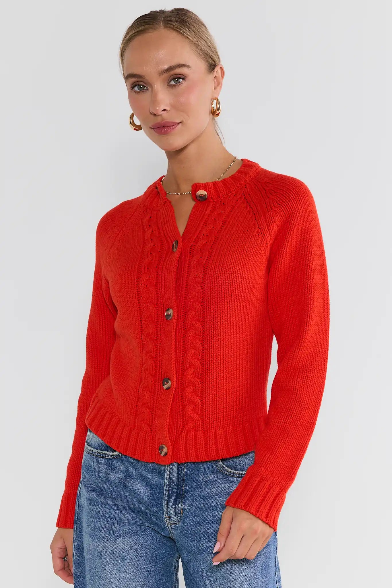 Red Cable Knit Cardigan Sweater - Front 3/4 View On Model | Avara