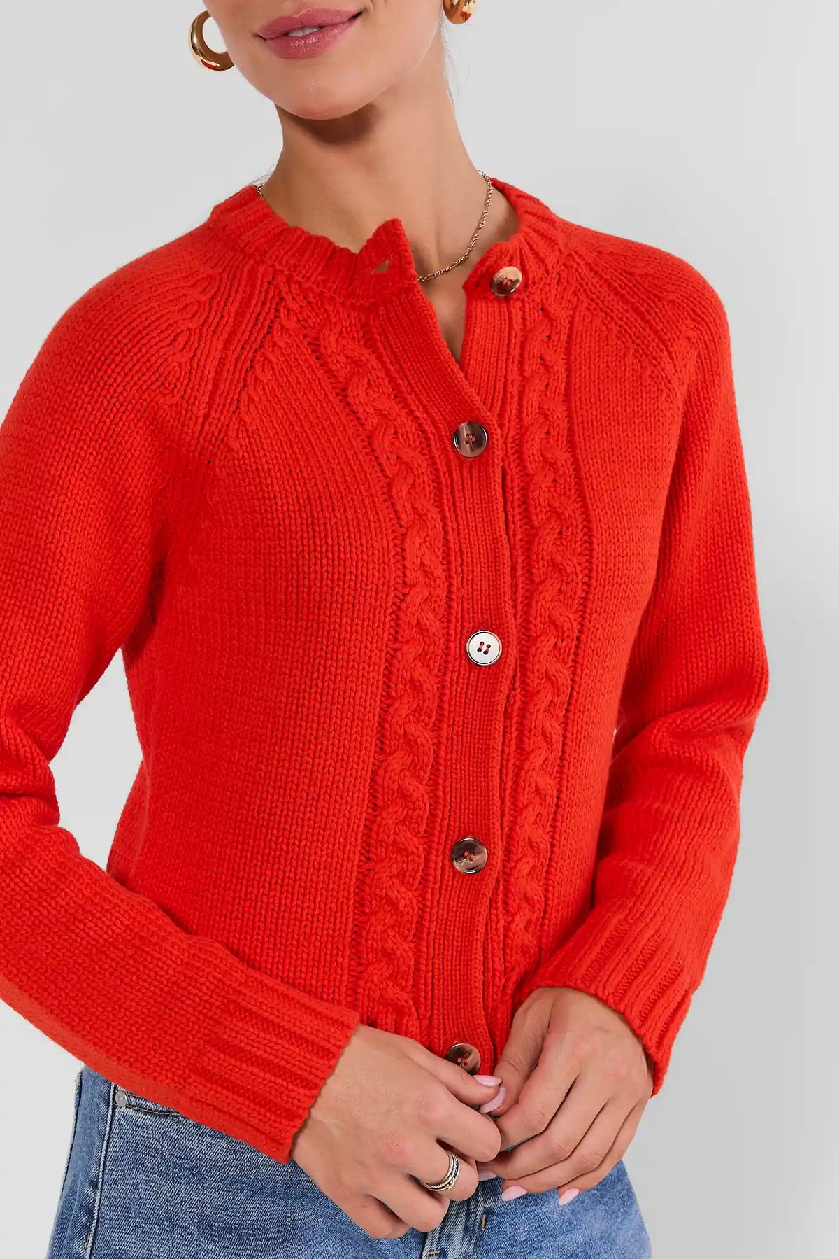 Red Cable Knit Cardigan - Button & Cable Detail Close-Up | Avara