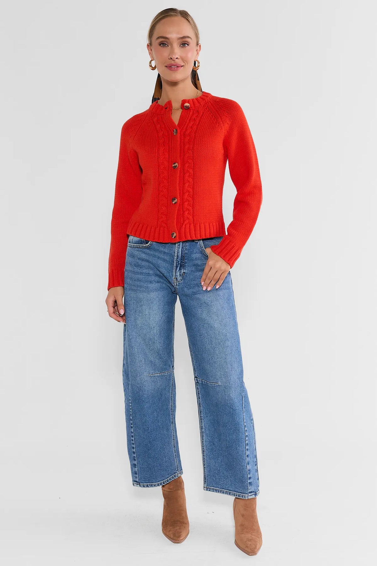 Red Knit Cardigan Sweater - Full Front View Styled with Wide-Leg Jeans | Avara