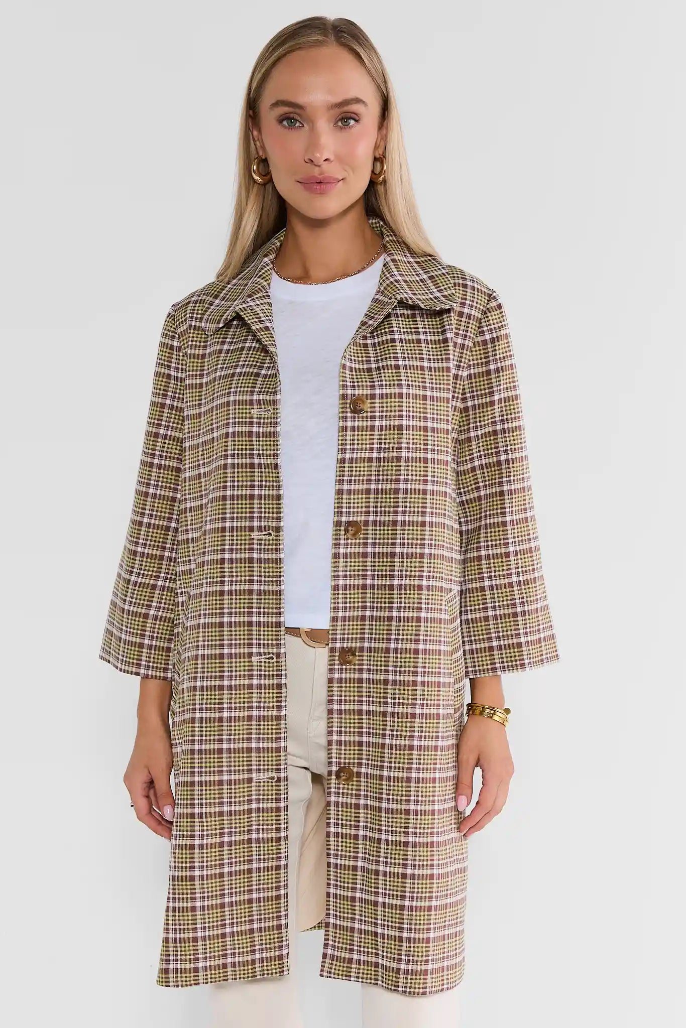 Green Plaid Print Trench Coat