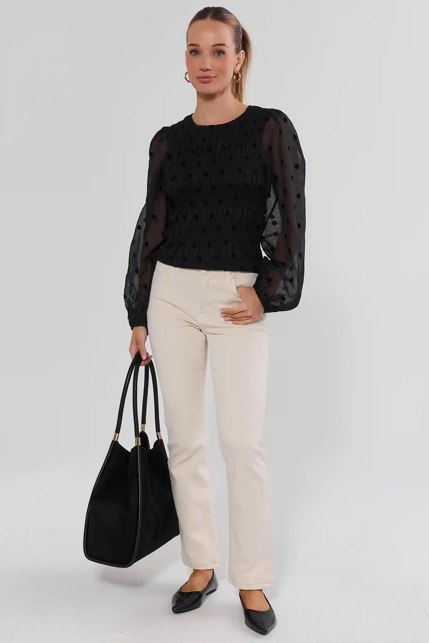 Black Polka Dot Smoked Top
